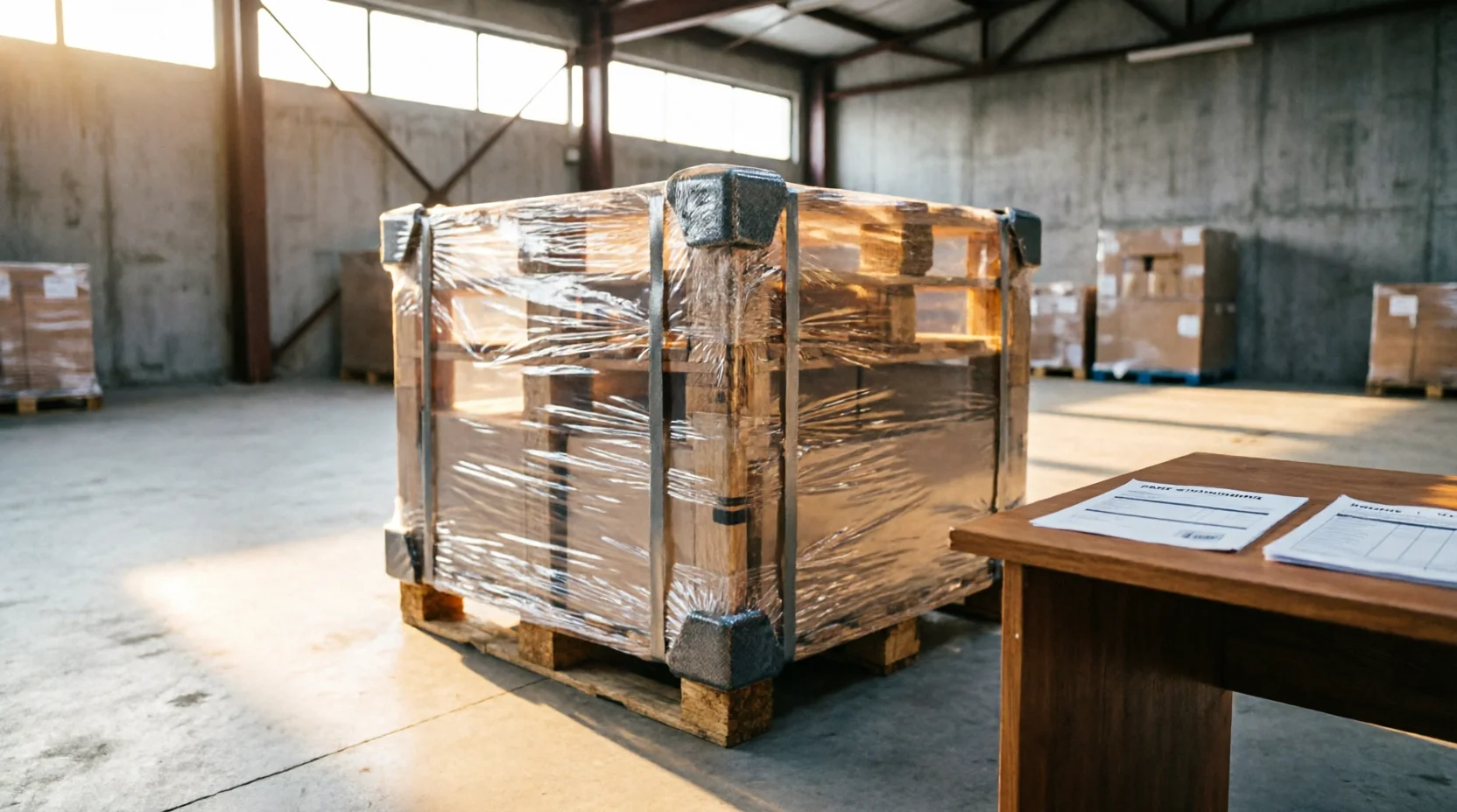 A cargo insurance document and a shipping manifest resting on a warehouse desk beside a sealed, strapped pallet, morning light catching the pallet's protective wrap, the papers' text turned away from camera.