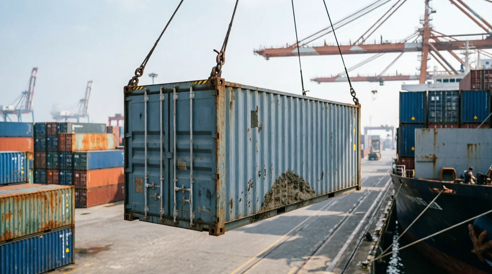 A container being craned onto a vessel at a Chinese export port under a hazy midday sky, the container swinging with realistic cable tension and slight natural sway, other stacked containers showing varied weathering and saturation rather than uniform color.