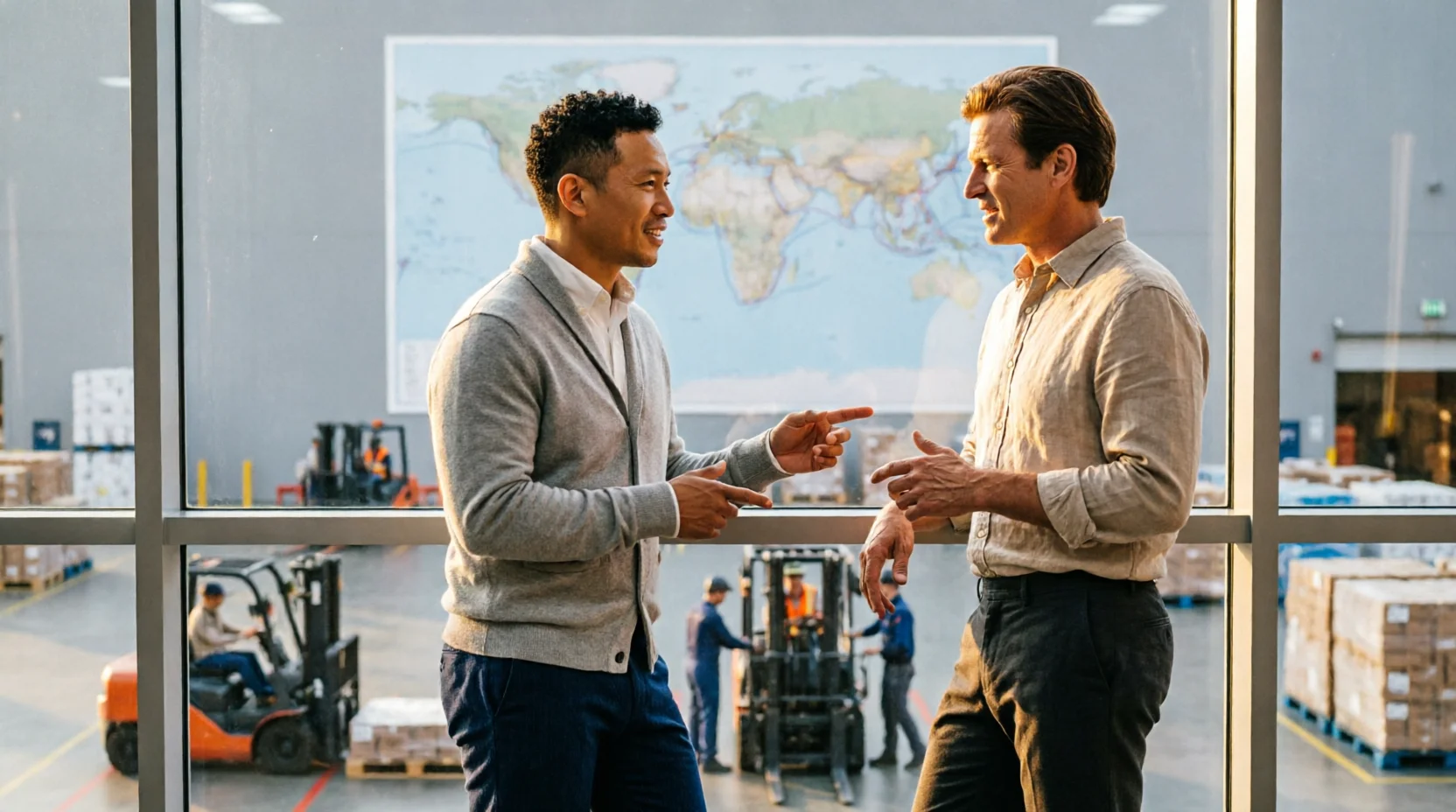 An Australian importer and their freight forwarder standing at a warehouse office window, a wall map of shipping routes softly visible behind them out of focus, both gesturing naturally toward the warehouse floor below rather than at any documents.