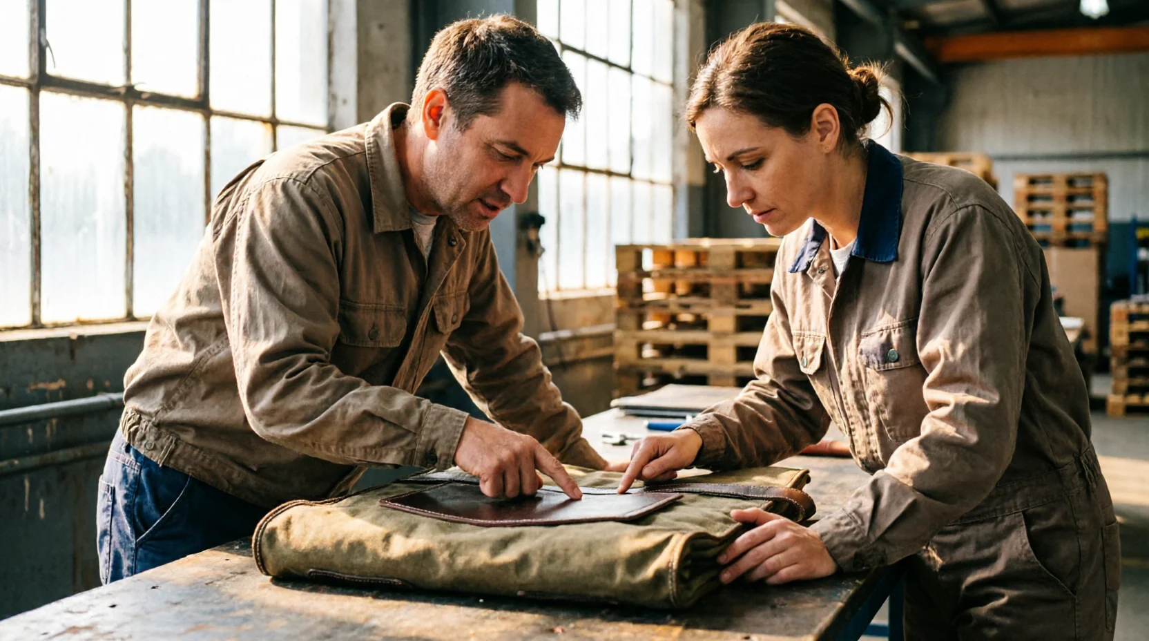 A supplier and an importer's sourcing agent standing over a sample product on a factory workbench, both leaning in naturally to examine a stitching detail, unposed and mid-conversation.