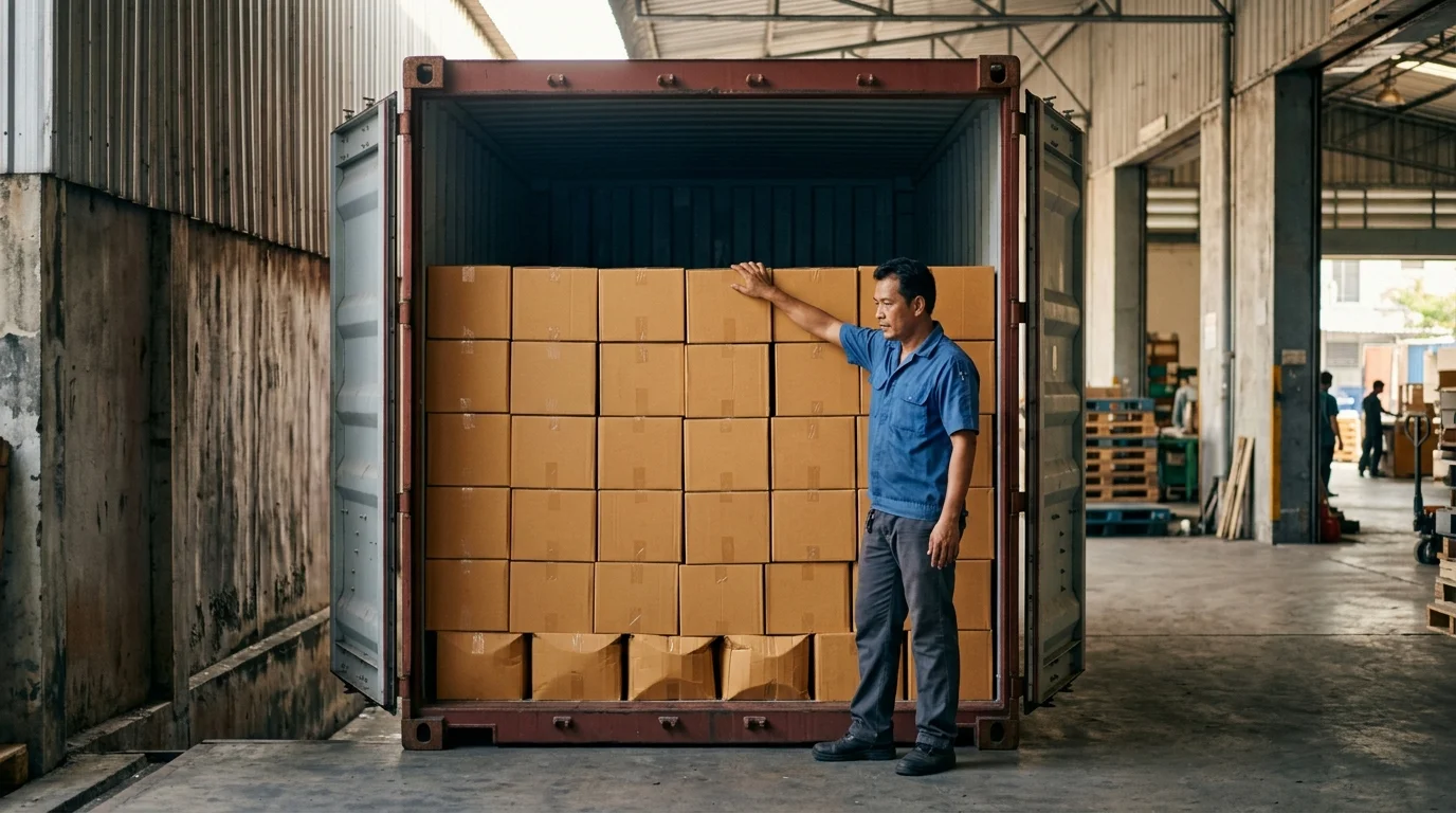 Fully loaded FCL shipping container with a worker inspecting the cargo