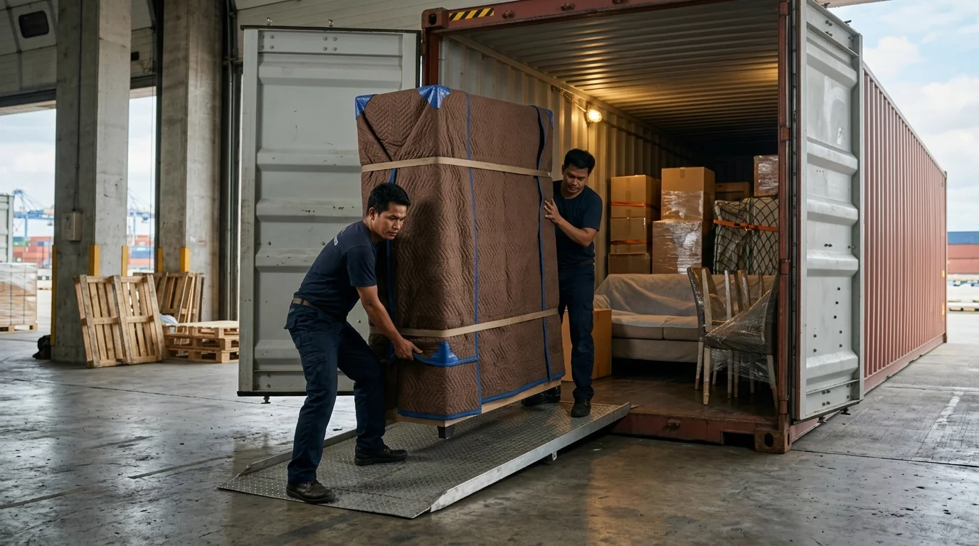 Two movers loading wrapped furniture into an FCL container for a household goods shipment