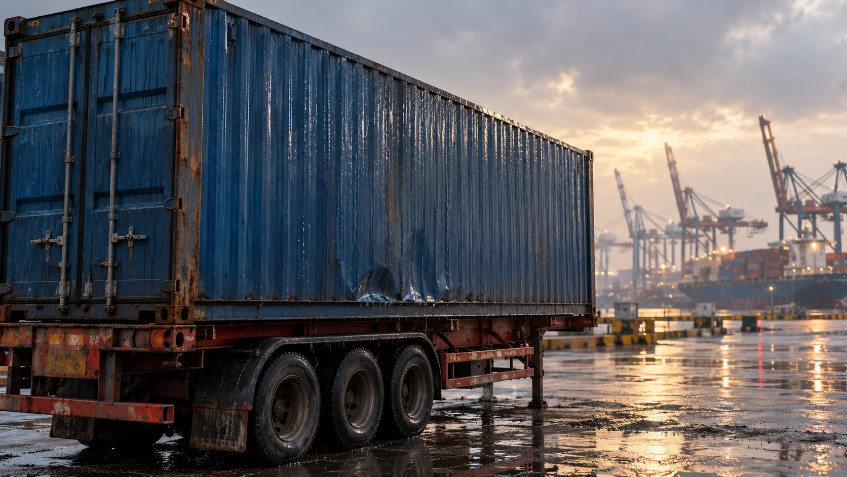 A single shipping container sits on its chassis at a quiet corner of a Thai port storage area, tropical humidity softening the light into a diffuse, slightly hazy afternoon glow