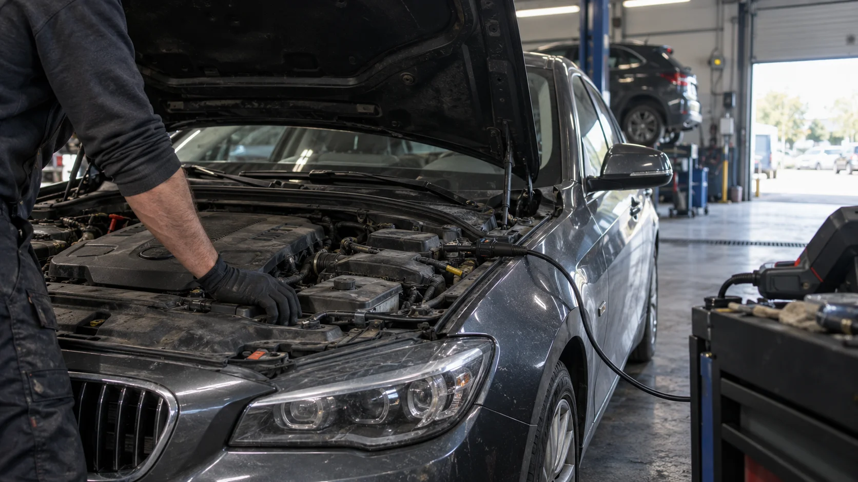 Mechanic running an emissions diagnostic check on a car in a workshop