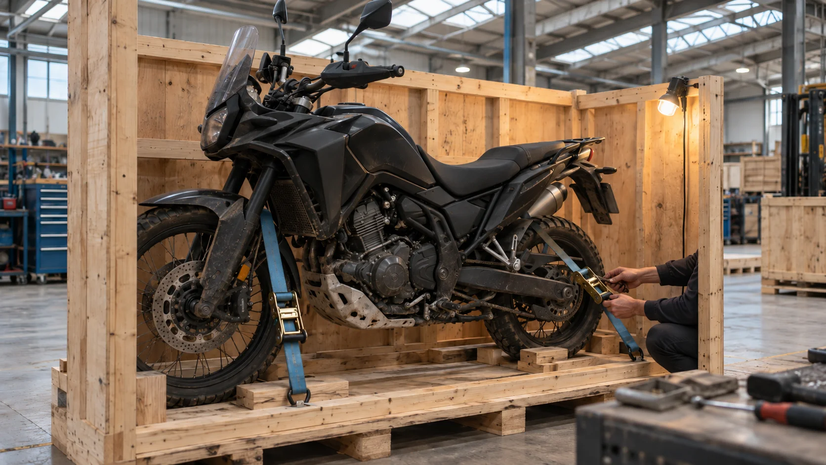 Motorbike sits secured upright inside a half-built wooden freight crate in a quiet export packing bay