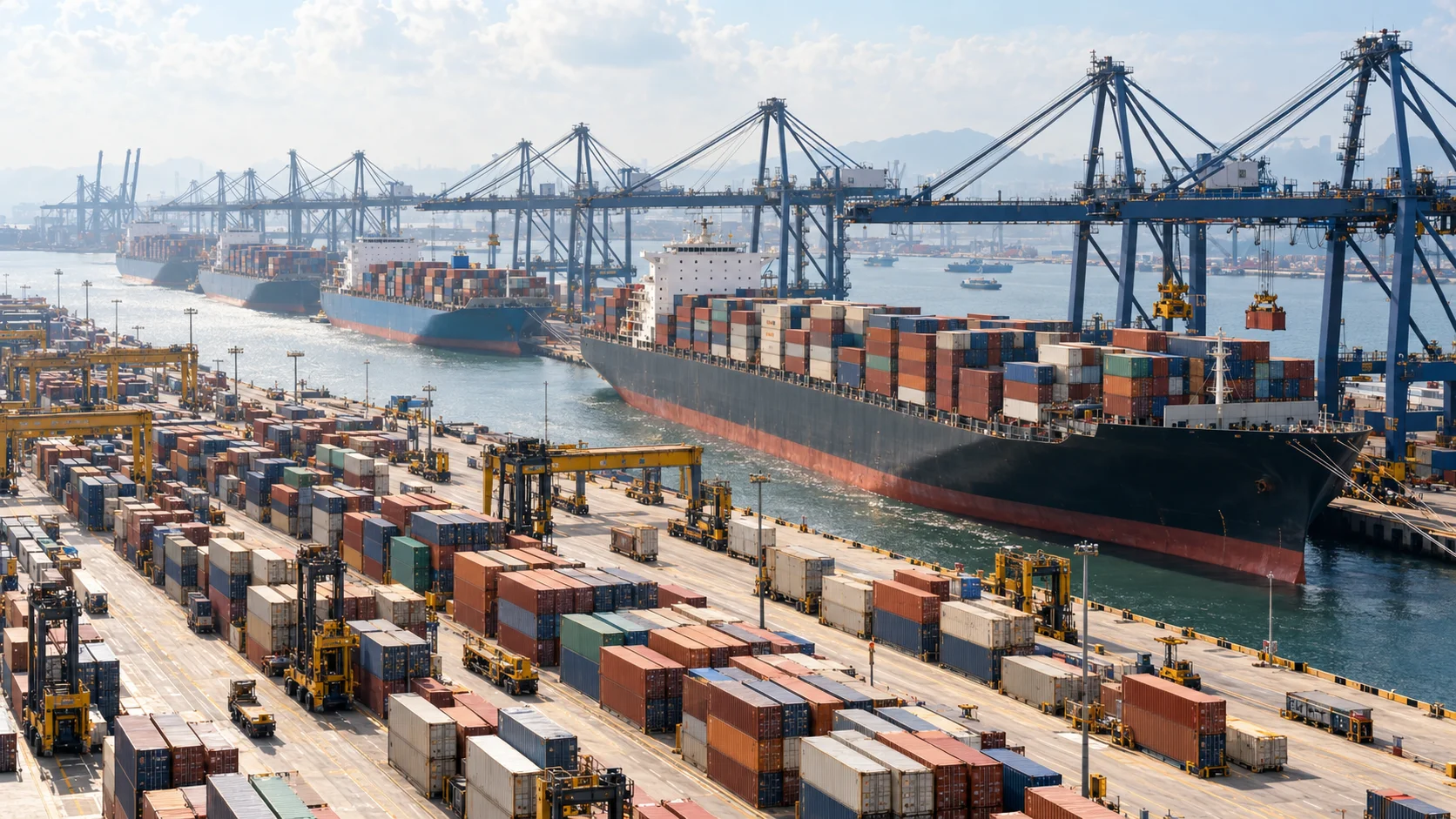 A wide view across a major Southeast Asian transshipment terminal, multiple gantry cranes working different vessels simultaneously along a long quay, containers from