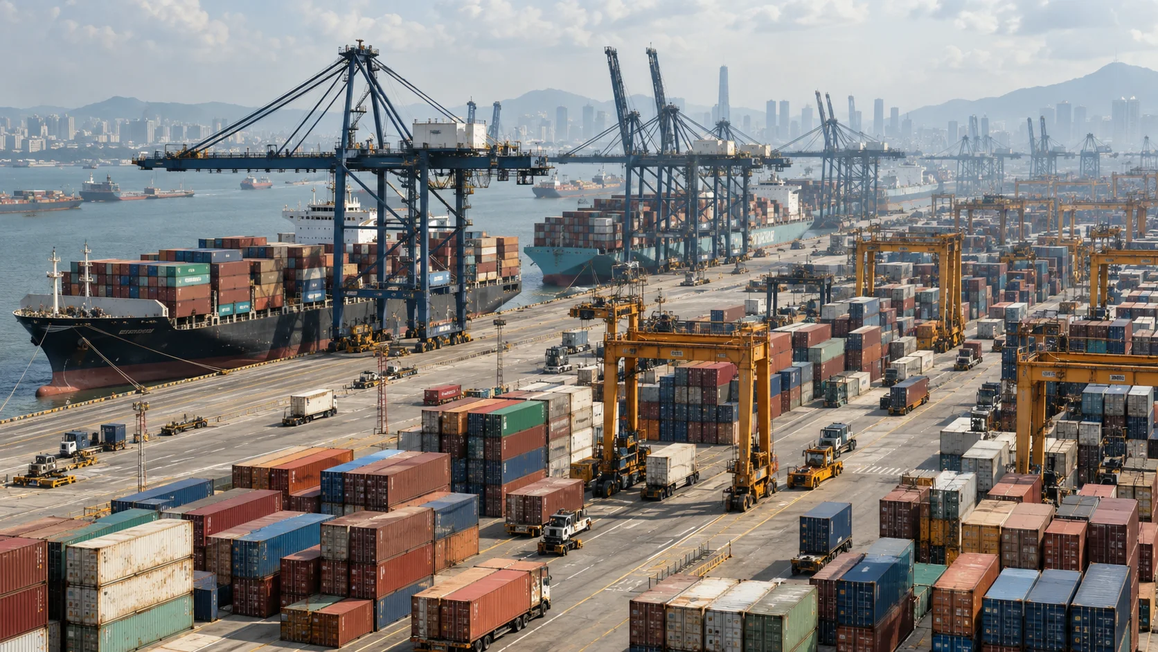 A wide view of a busy container port shows multiple gantry cranes loading ships beside dense, multicolored container stacks.