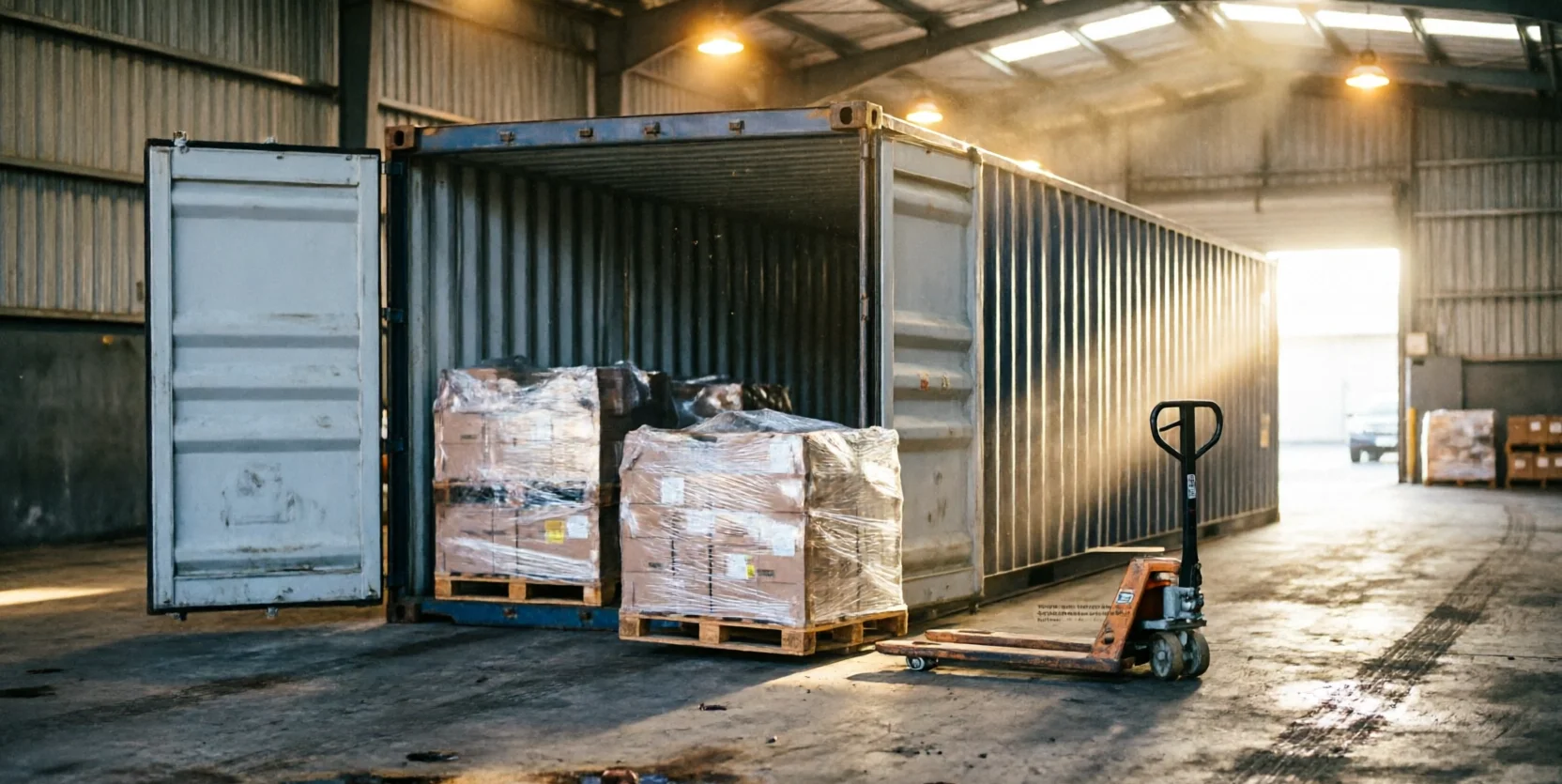 Two shrink-wrapped pallets sit at the open end of a shipping container in a warehouse, a pallet jack parked beside them.