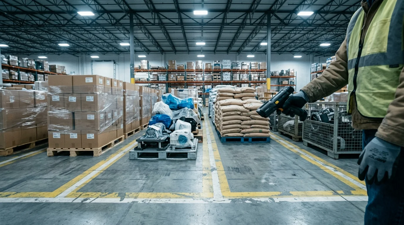 A worker holds a handheld scanner beside pallets of varied cargo arranged in floor zones marked by painted yellow lines.