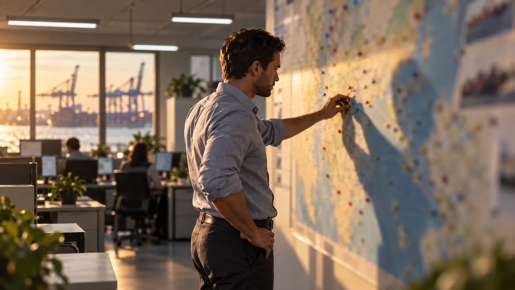 A man in an office points to a marker on a large wall-mounted shipping map, port cranes visible through the window behind him.