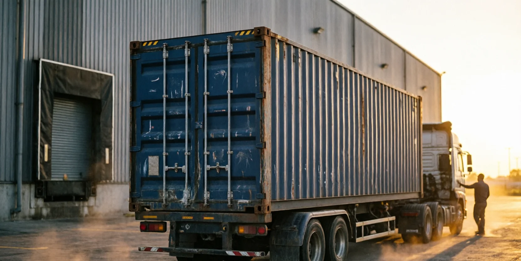 A sealed shipping container sits loaded on a truck at a warehouse dock in golden late-afternoon light, a driver's silhouette nearby.