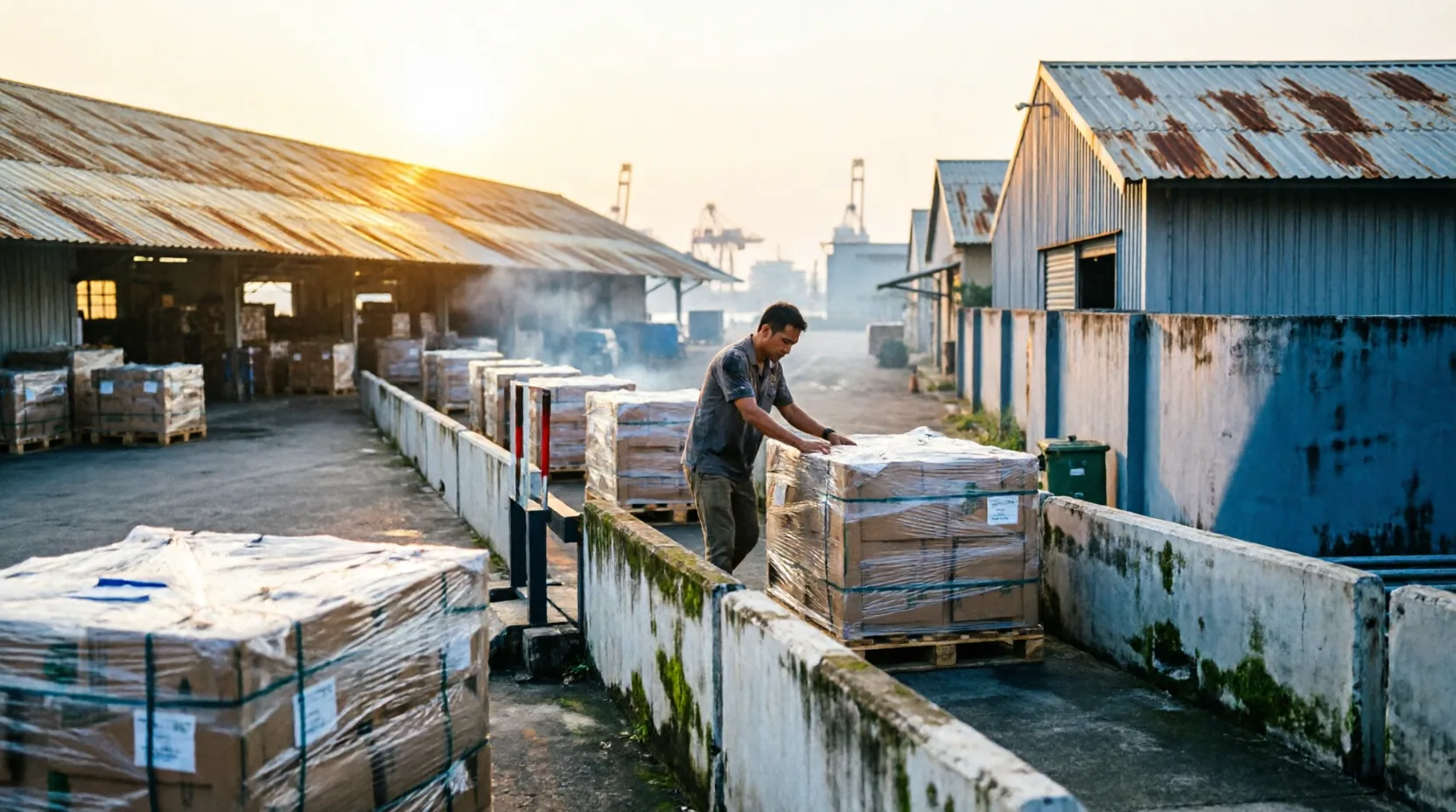 Palletised cargo moving through a customs clearance yard at a Thai port