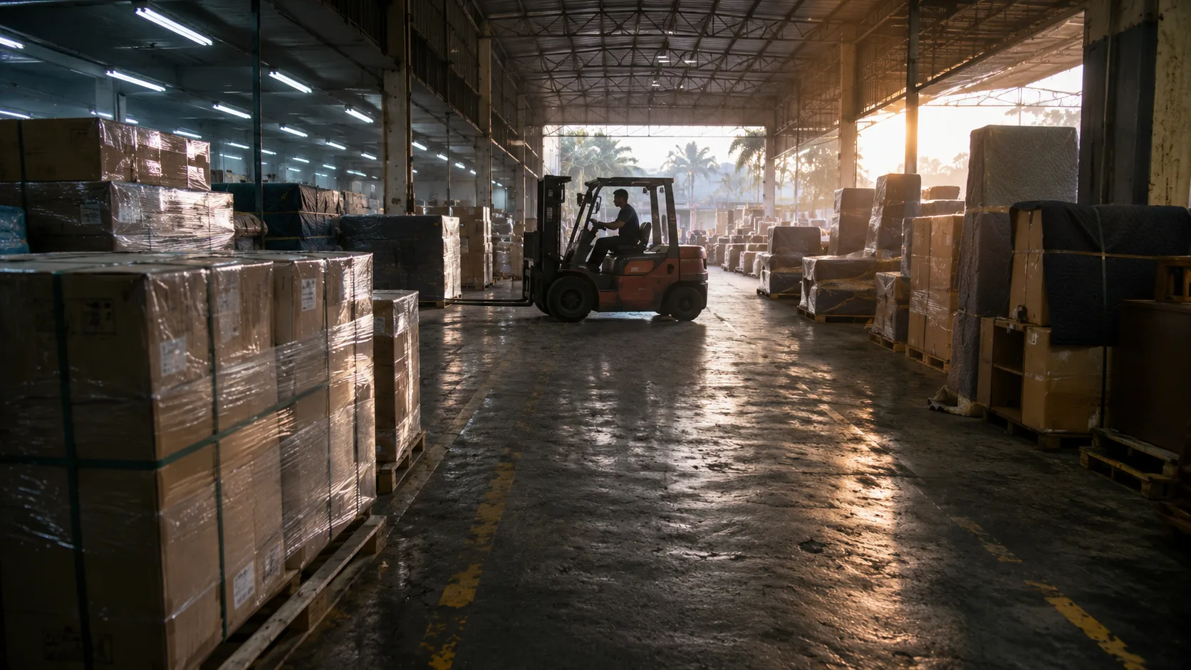 Commercial pallets and household relocation cartons staged in the same Thai receiving bay