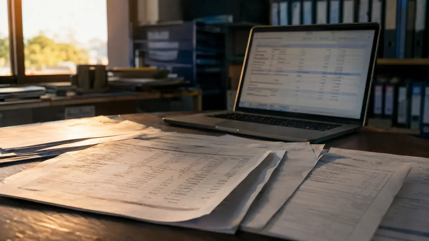 Laptop showing a freight rate spreadsheet beside printed invoices spread across an office desk in warm afternoon light, illustrating an itemized cost breakdown