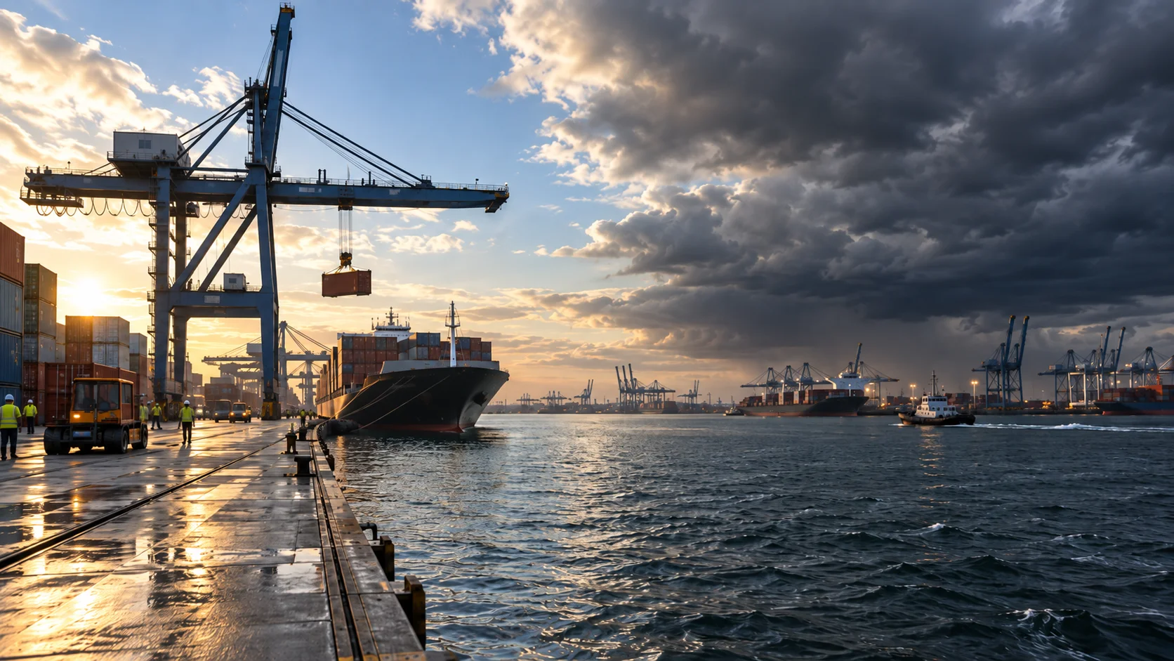 A port crane stands under a sky split between clear sunset light and storm clouds, a container ship docked below.