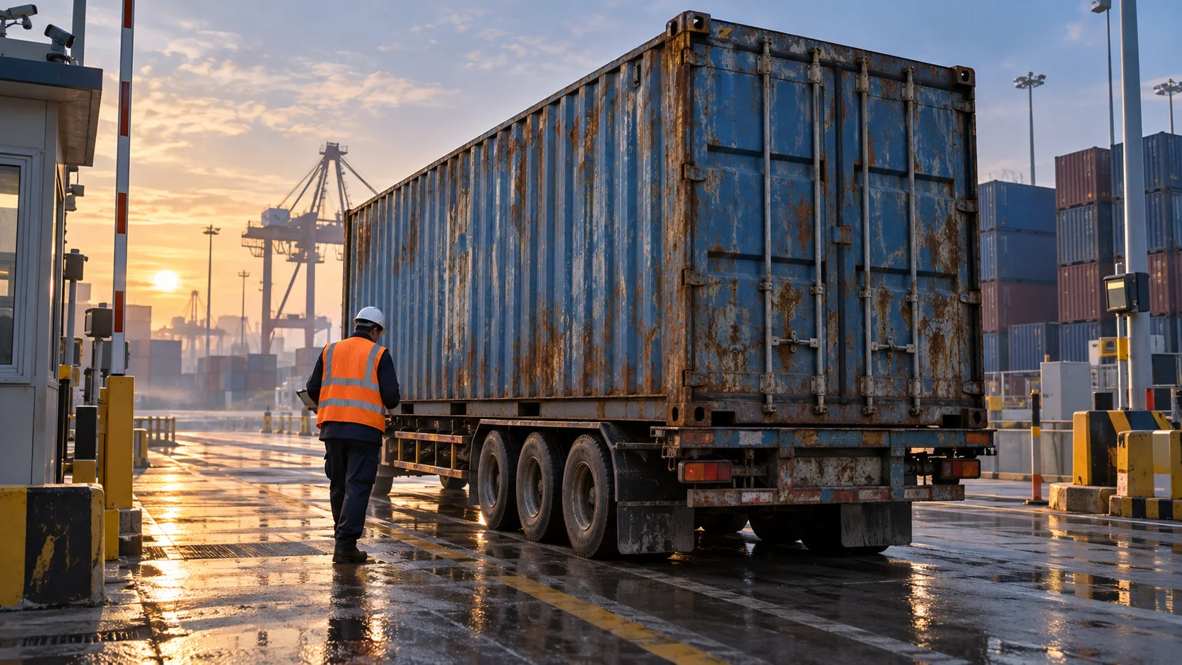 A shipping container still sits on its wheeled chassis just inside a destination port gate, freshly arrived, a ground crew member walking around it on a visual