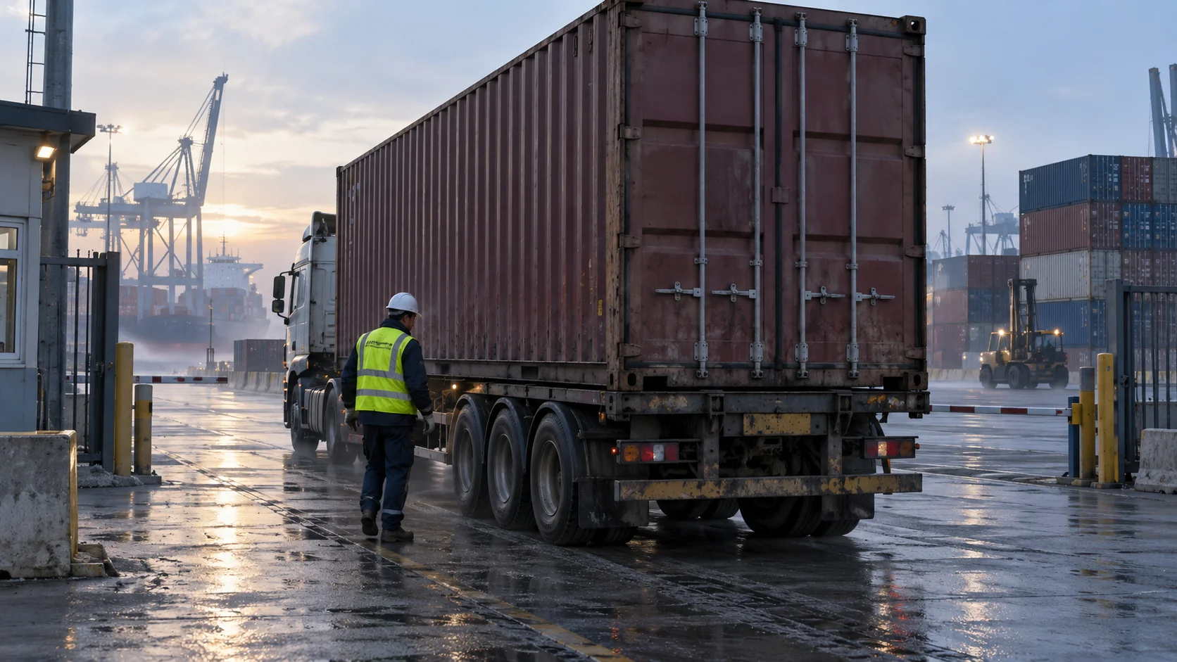A worker in a hi-vis vest inspects a shipping container on a truck chassis just inside a misty port gate at dawn.
