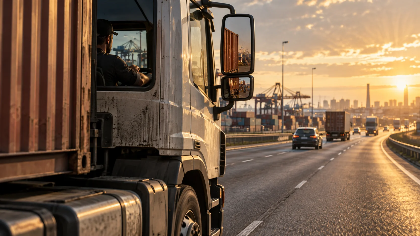 A truck driver merges onto a highway leaving a container port, cranes visible in the side mirror.