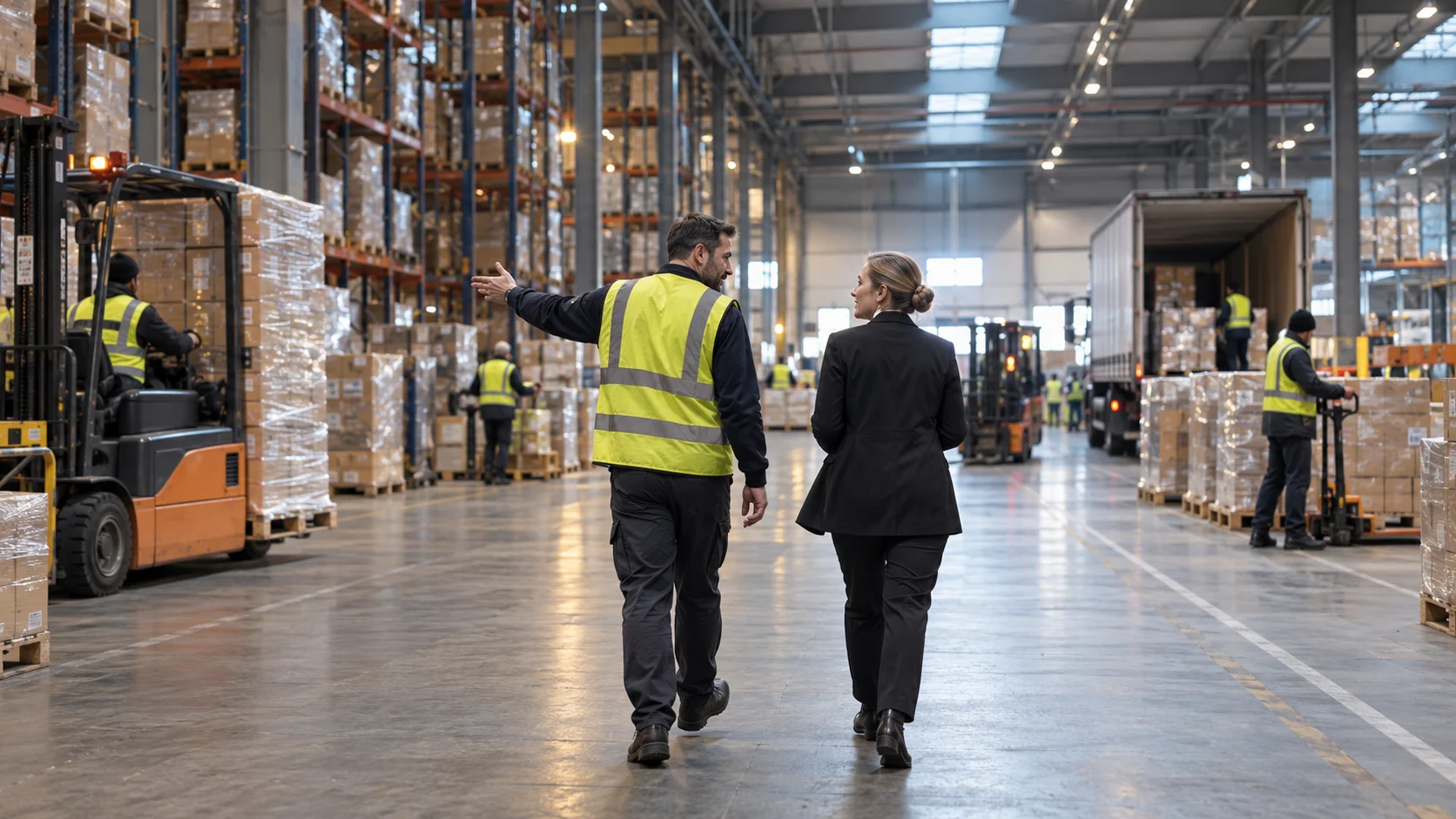 A staff member in a hi-vis vest gestures while walking a visiting client through an active warehouse aisle.