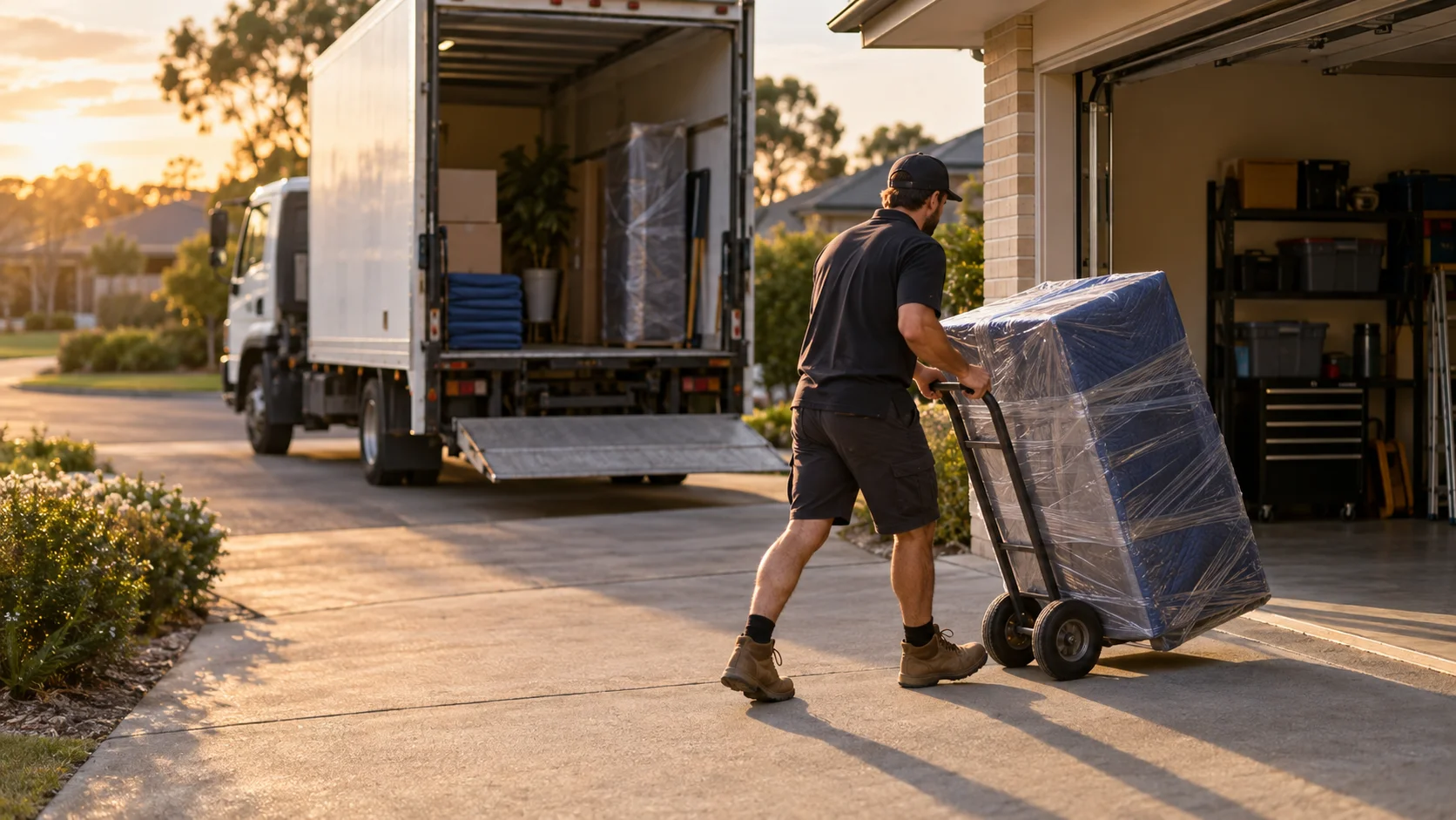 A delivery worker wheels a wrapped item on a hand truck from a moving truck toward an open home garage at sunset.
