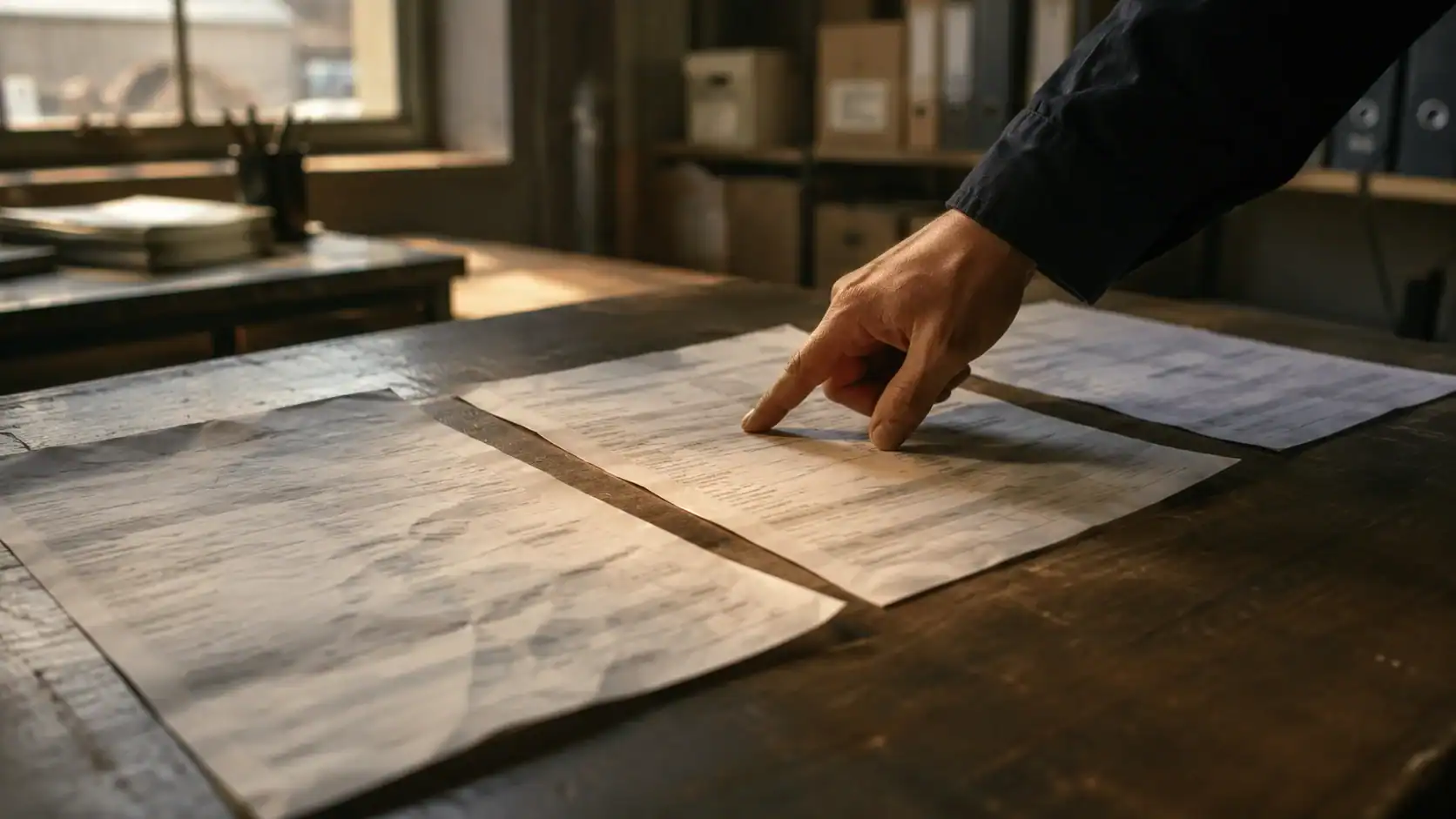 A hand comparing figures across multiple printed freight quotes laid side by side on a desk