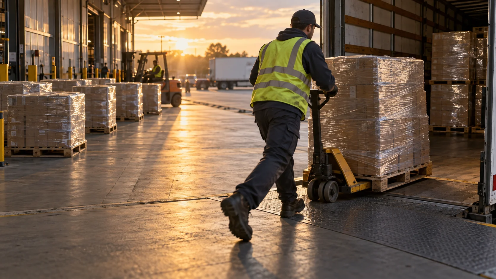 A warehouse worker in a hi-vis vest pushes a wrapped pallet toward an open truck trailer at sunset while other pallets wait staged nearby.