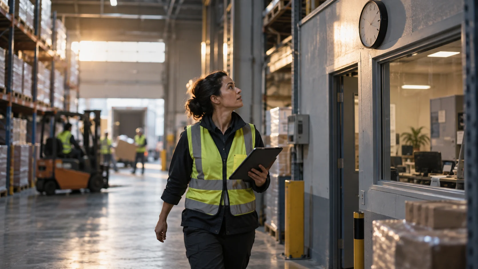 A logistics coordinator in a hi-vis vest glances up at a wall clock while holding a tablet in a warehouse corridor.