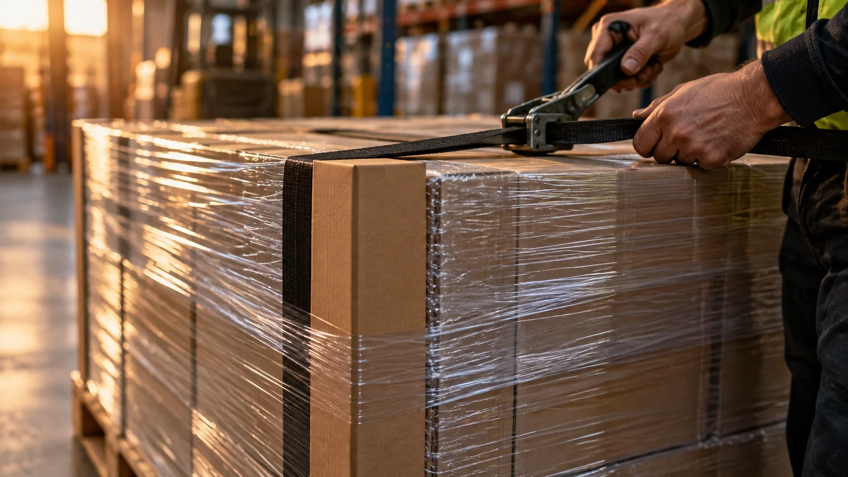 A worker's hands tighten a ratchet strap over a stretch-wrapped pallet with a cardboard corner protector.