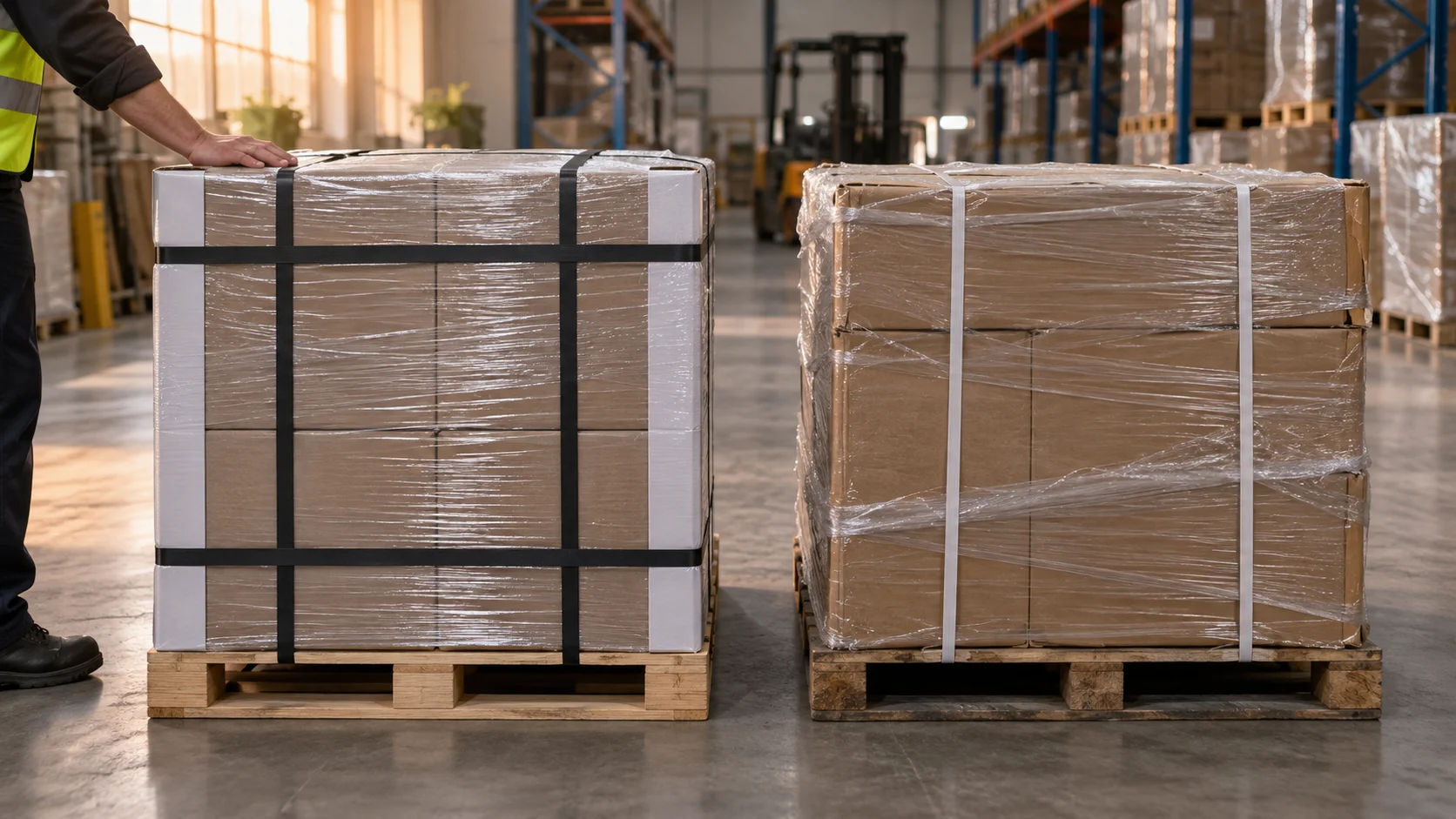 Two wrapped pallets stand side by side, one bound with neat corner boards and straps, the other more loosely wrapped.