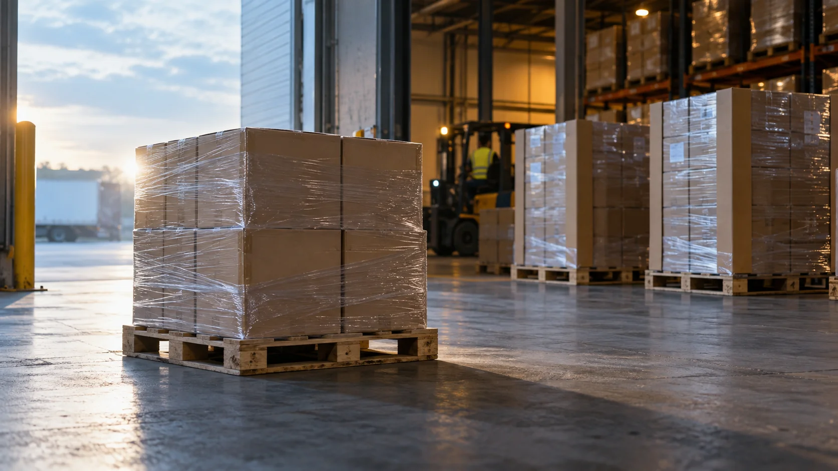 A single plastic-wrapped pallet sits near a warehouse bay door with more thoroughly wrapped pallets visible behind it.