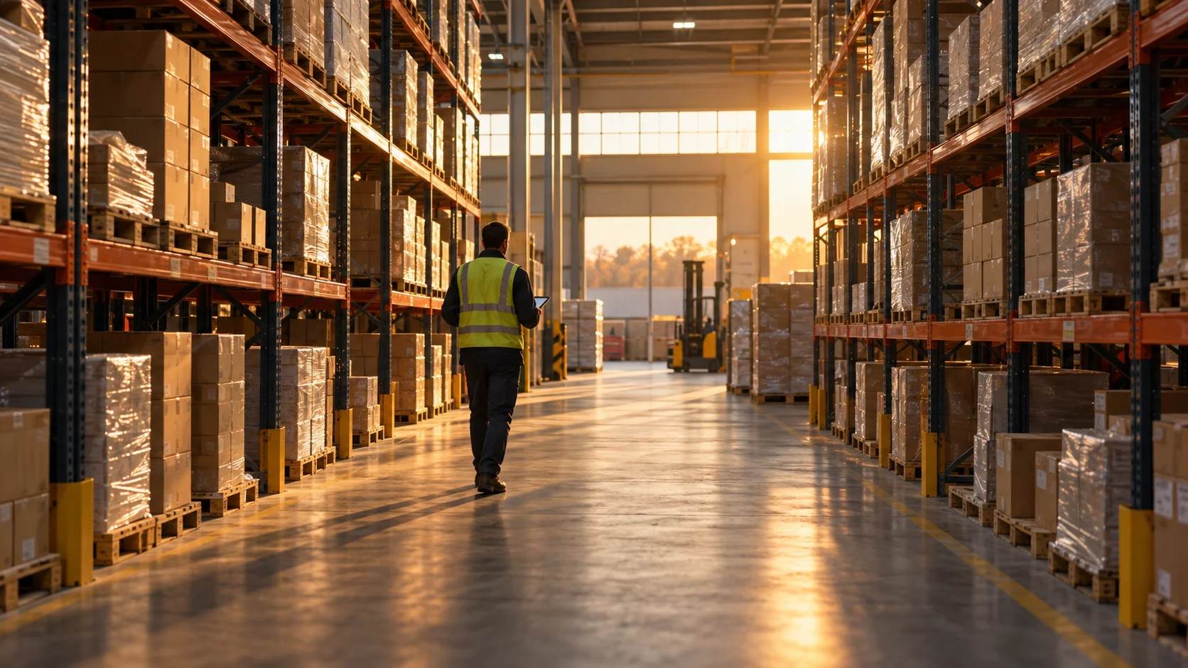 A worker walks down a long warehouse aisle lined with wrapped pallets on tall racking, lit by warm late-afternoon sun.