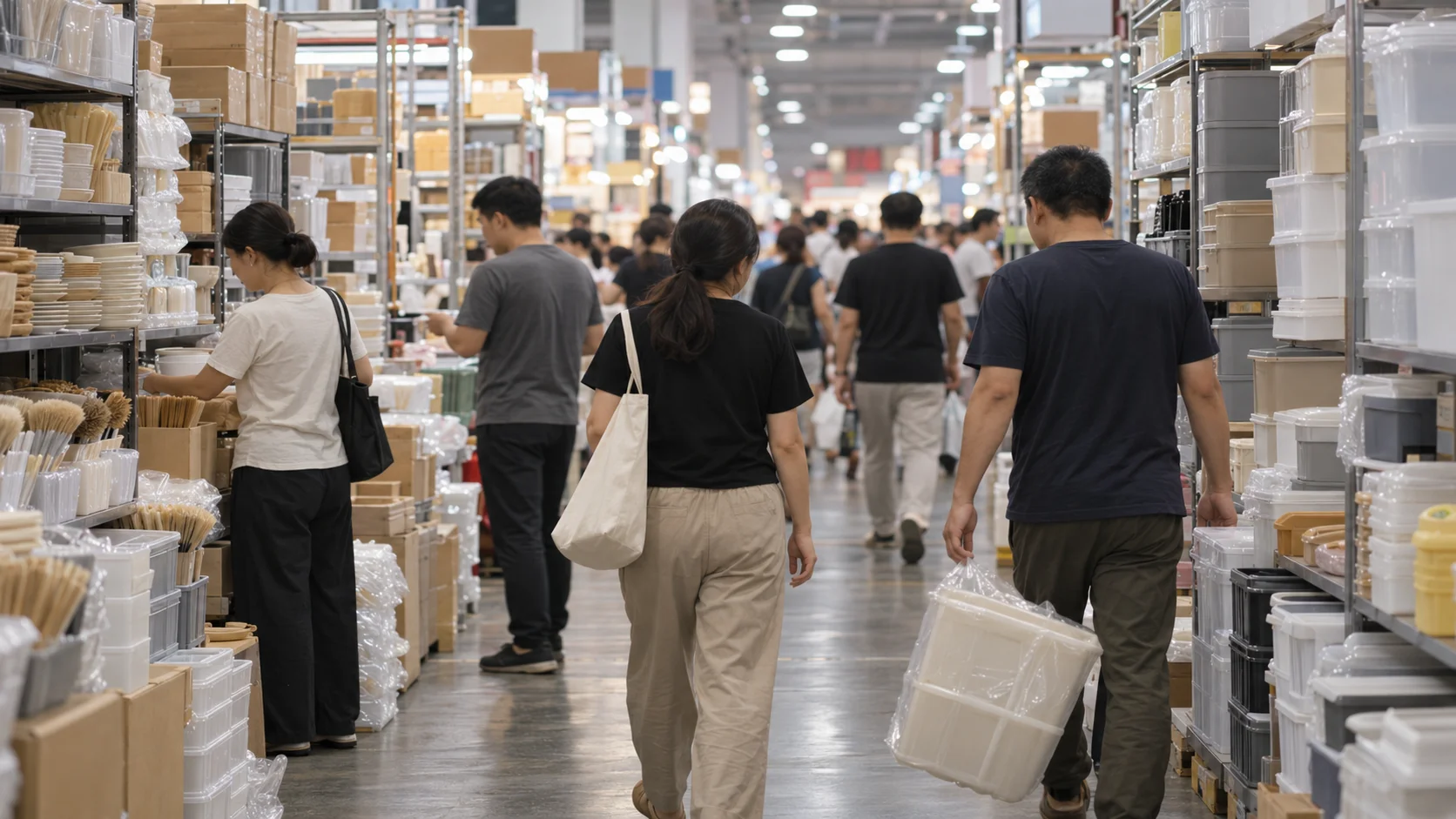Shoppers browsing a crowded aisle of plastic storage boxes and kitchenware, illustrating low-commitment buying of stock