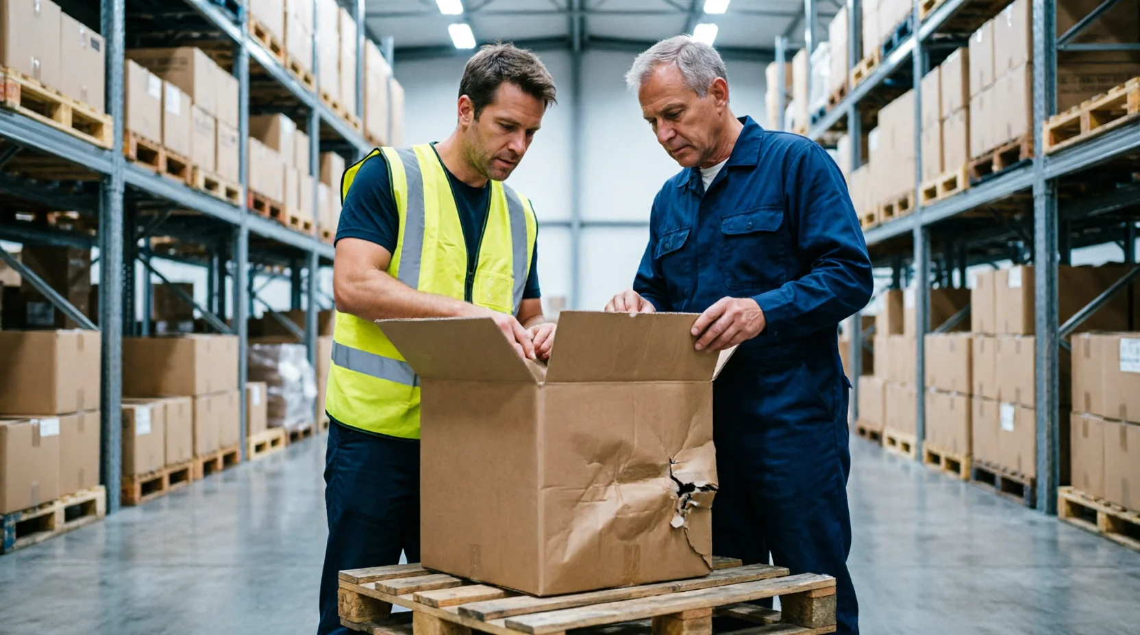 A marine cargo surveyor and a warehouse manager standing beside a single opened carton with a visibly dented corner, examining it together under bright but even inspection lighting, the rest of the surrounding shipment intact and orderly on shelving behind them.