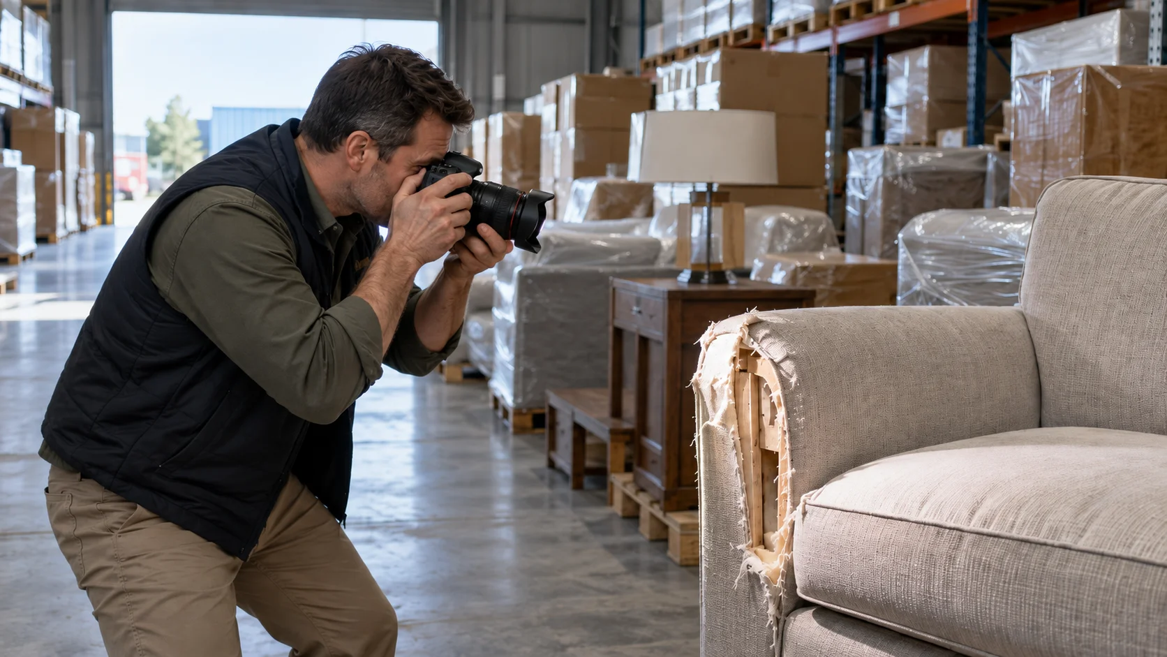 A marine surveyor in plain workwear photographing a damaged furniture item from several angles inside a controlled warehouse bay, a camera flash softly illuminating the