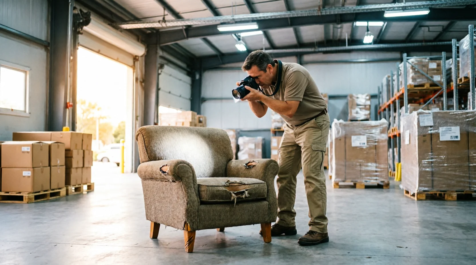 A marine surveyor in plain workwear photographing a damaged furniture item from several angles inside a controlled warehouse bay, a camera flash softly illuminating the item while natural daylight fills the rest of the space.