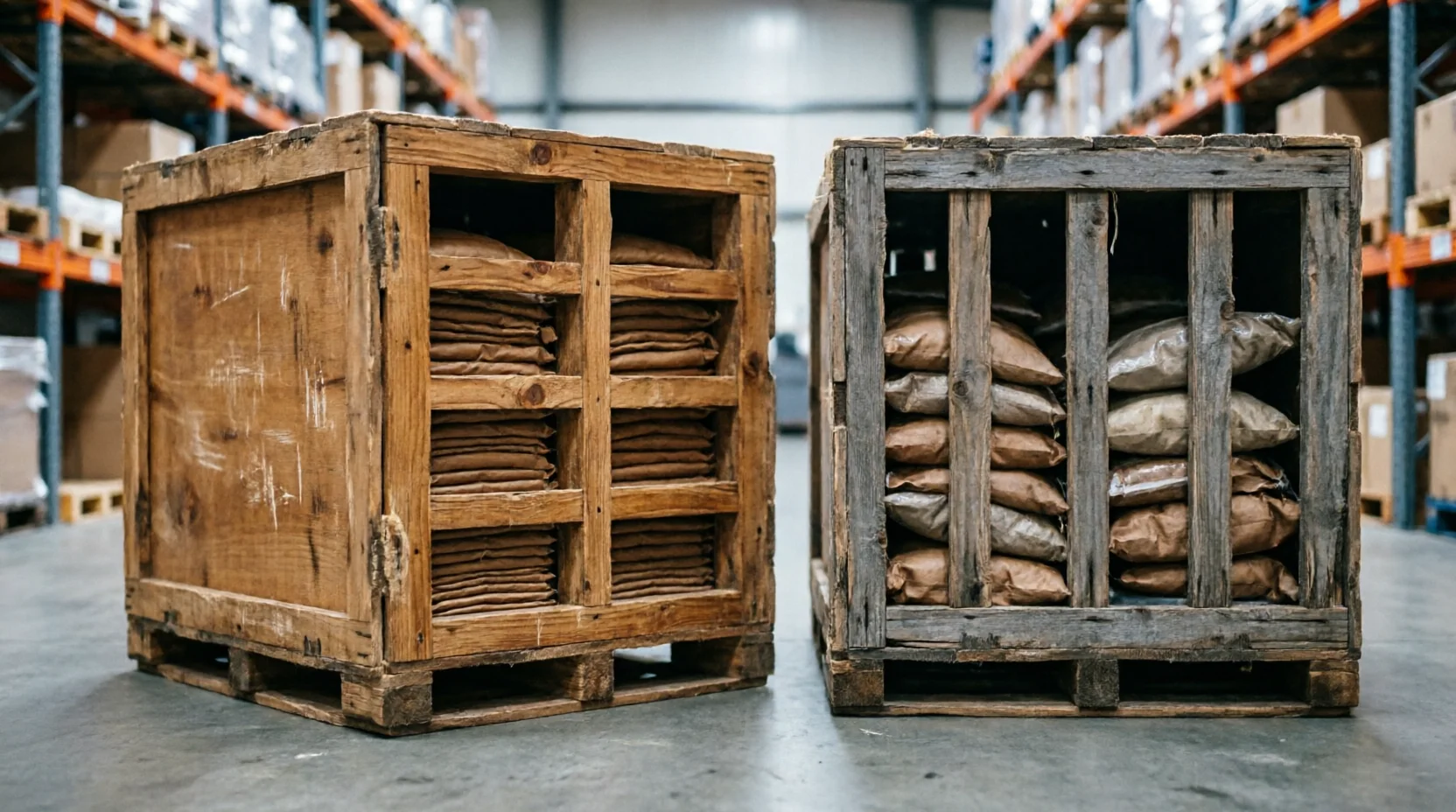 A close comparison of two packing crates side by side in a warehouse — one with thick, structured internal bracing visible through a partially open panel, the other more loosely packed — photographed under even daylight to let the construction difference read naturally without any labels.