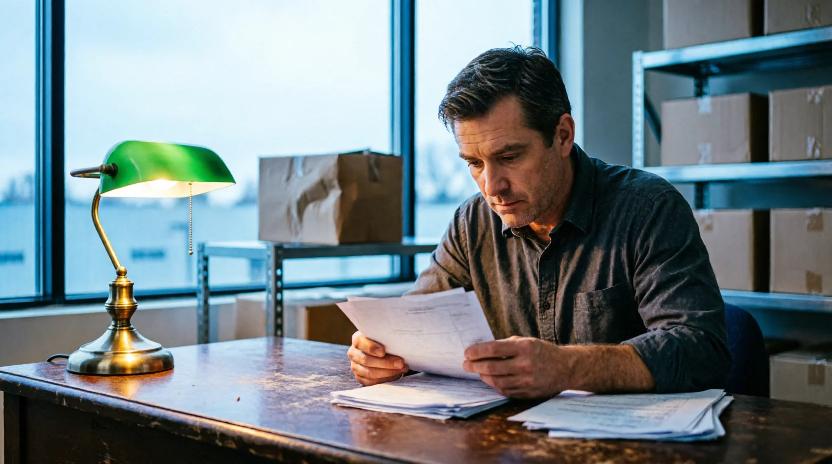 A small business owner reviewing paperwork alone at a warehouse office desk in early morning light, a single affected carton visible on a shelf in the middle distance behind them, out of focus.