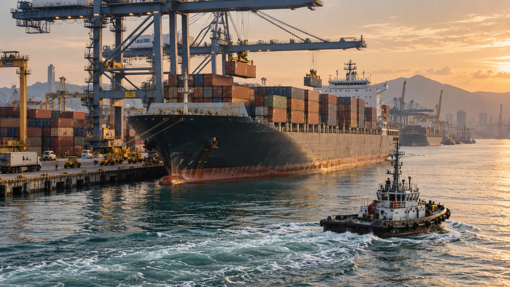 Container ship at berth in a Thai port terminal in late-afternoon light