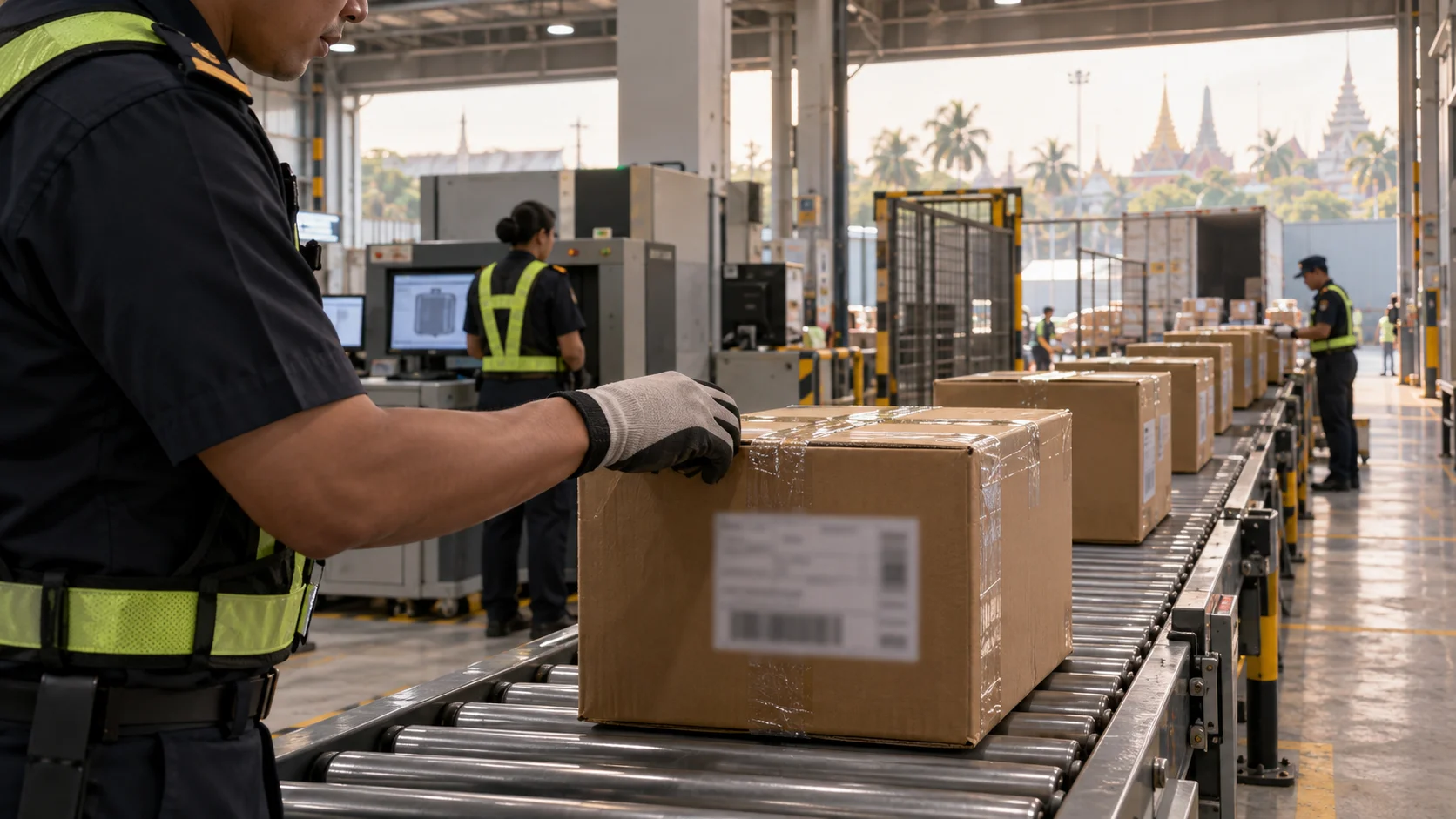 Boxed cargo moving along a roller conveyor toward a holding bay inside a Thai customs-processing warehouse