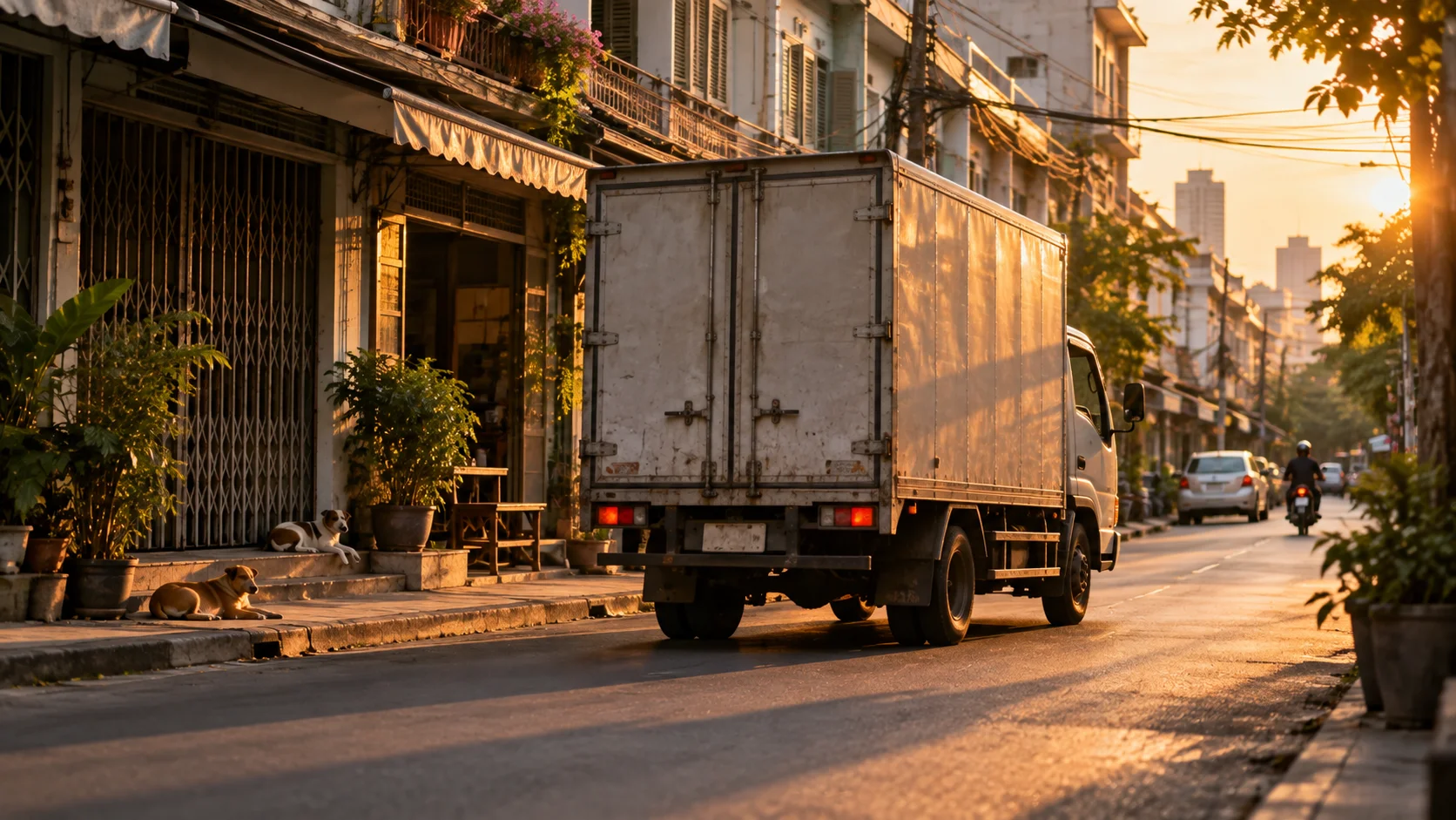 Thai delivery truck mid-motion on a quiet Bangkok side street near a row of residential shophouses at golden hour