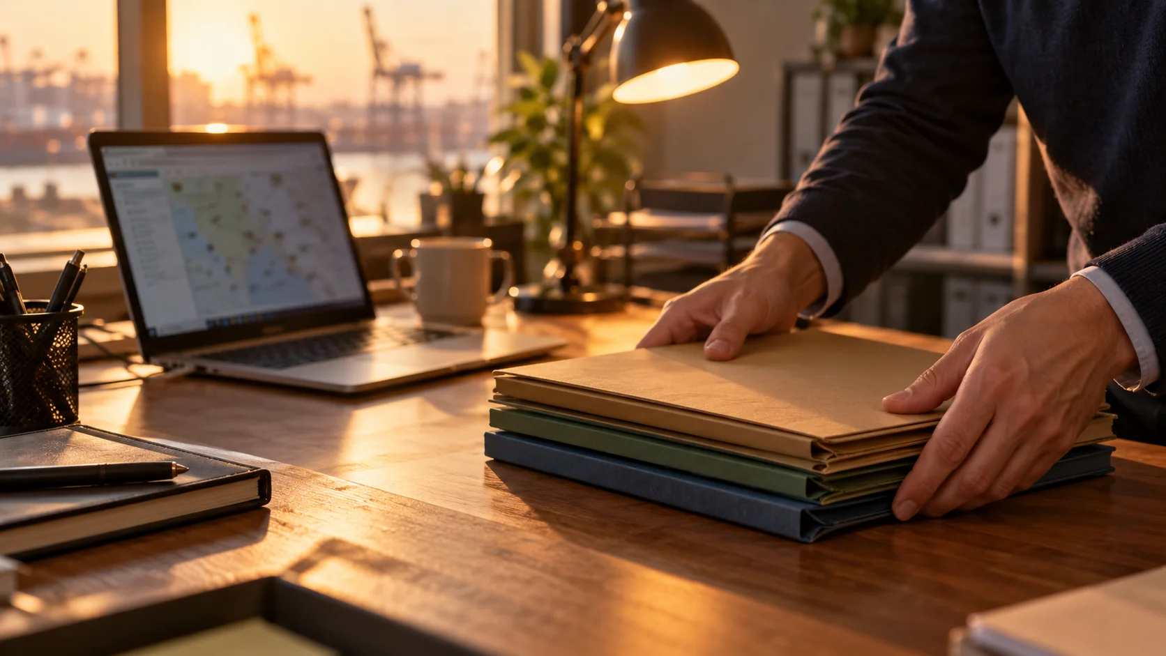 A logistics office desk in warm late-afternoon light: an open laptop with its screen softly out of focus, a small stack of shipping folders being squared into alignment