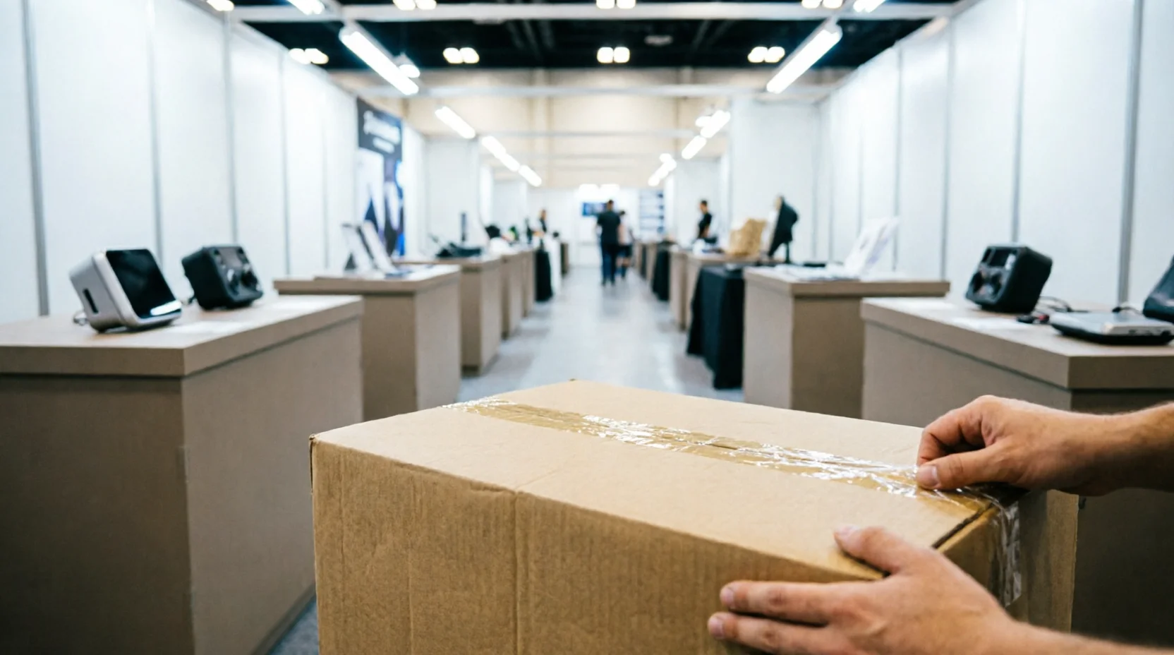 A visitor carrying a taped cardboard box past exhibition tables at an electronics trade fair, representing sourcing electronics at a Hong Kong fair for shipment home