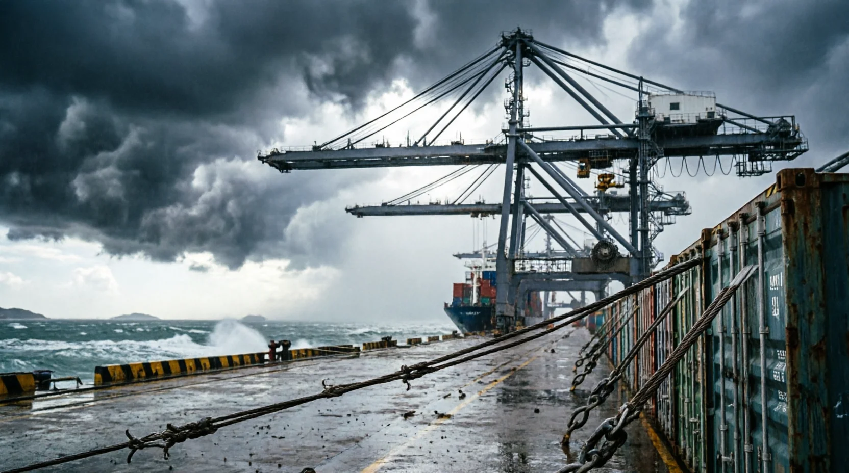 A cargo ship secured at a container terminal under dark storm clouds with rough seas, representing typhoon-season freight disruption in Hong Kong