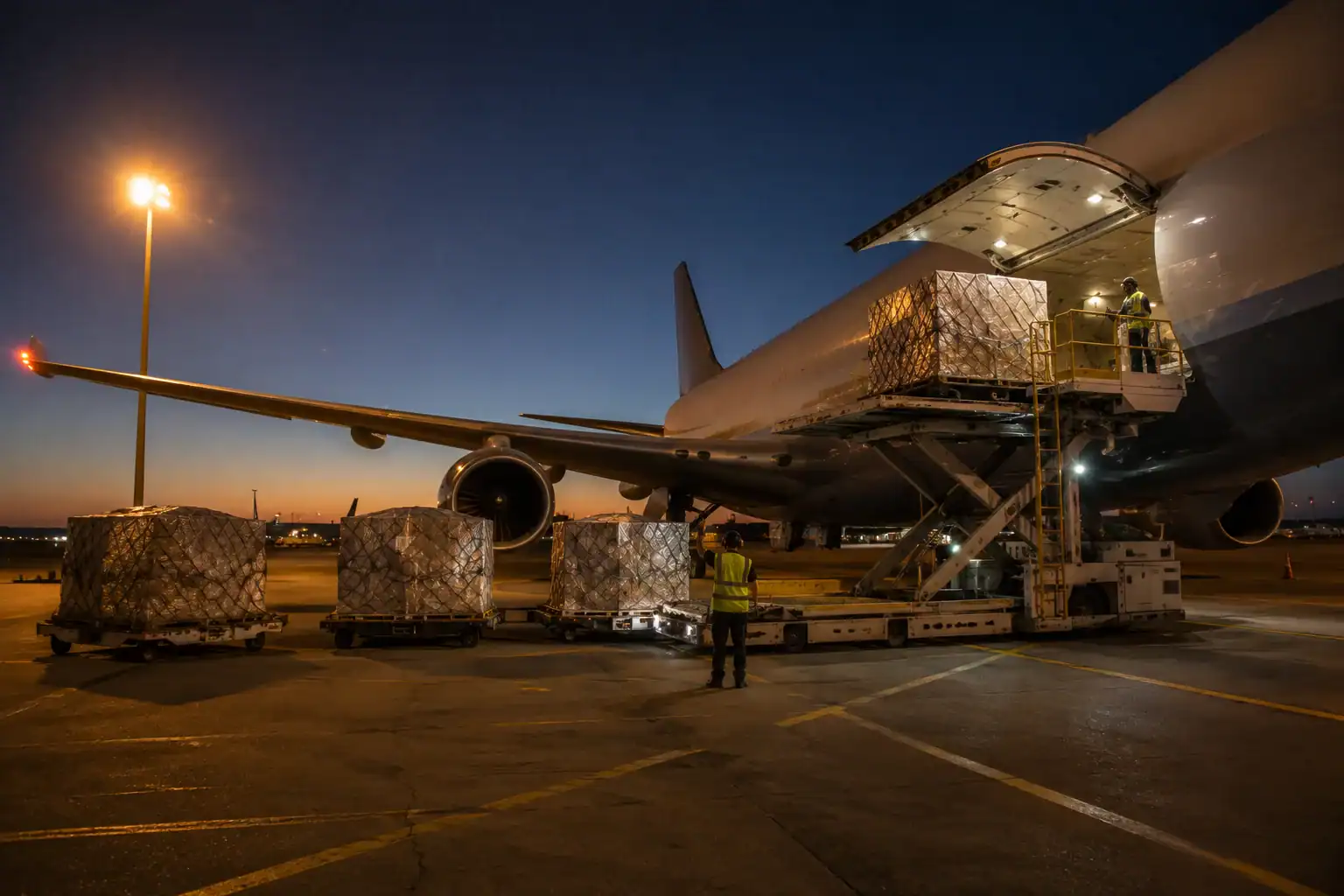 Cargo being loaded into the belly hold of a freighter aircraft at Sydney or Melbourne airport, or pallets queued on a tarmac at dawn beside a wide-body cargo plane
