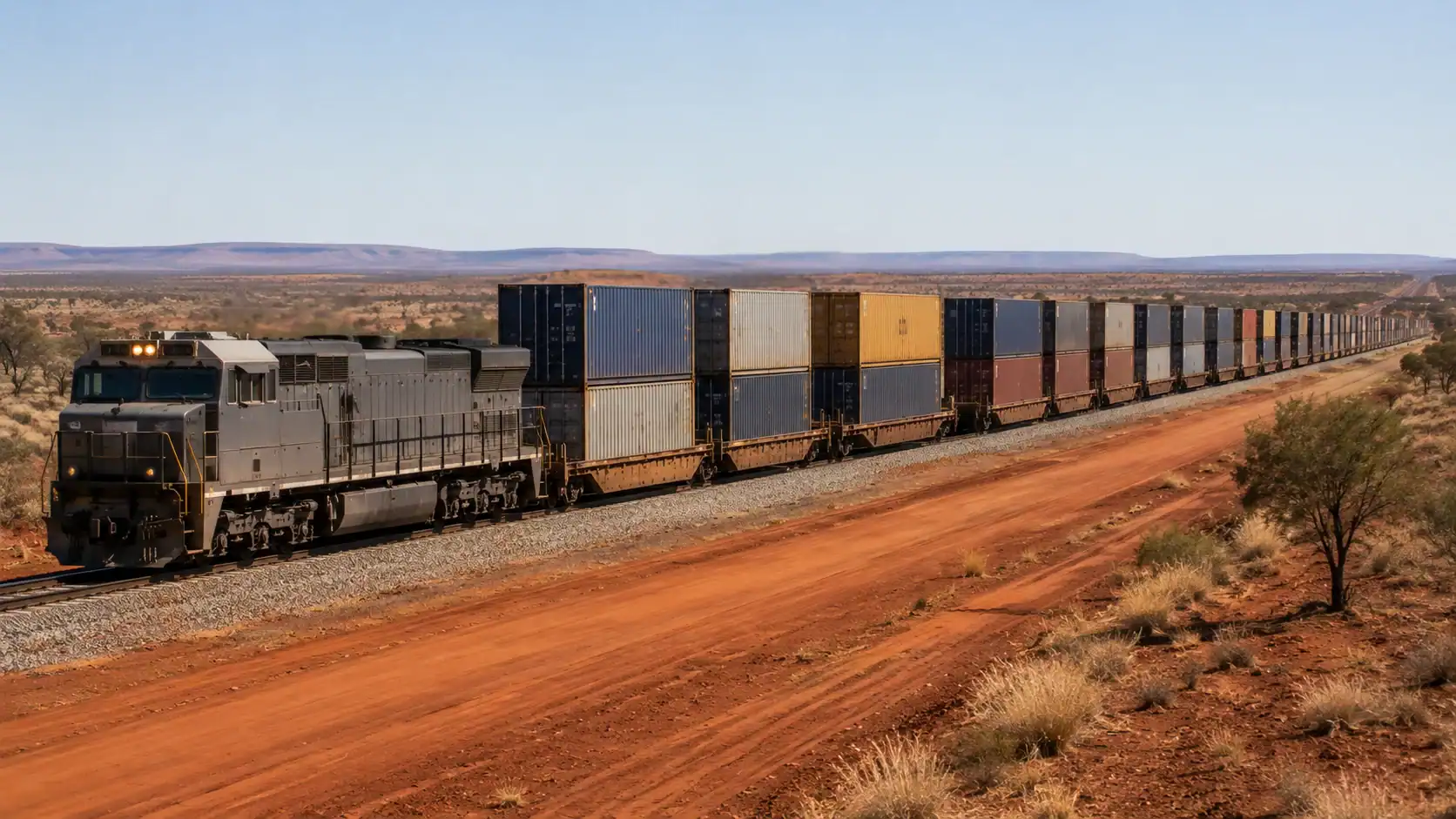 Aerial of a freight train hauling containers across the Australian inland landscape (red soil, sparse vegetation), or a major inland rail terminal at Parkes or 