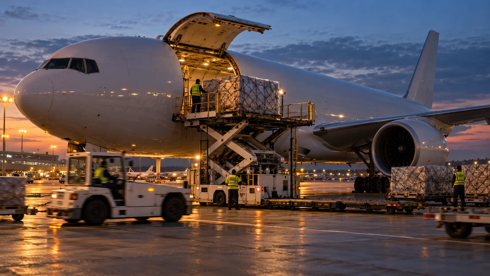 Cargo aircraft on the tarmac at dusk