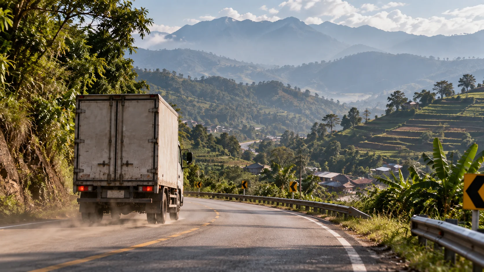 Delivery truck on a two-lane road approaching Chiang Mai
