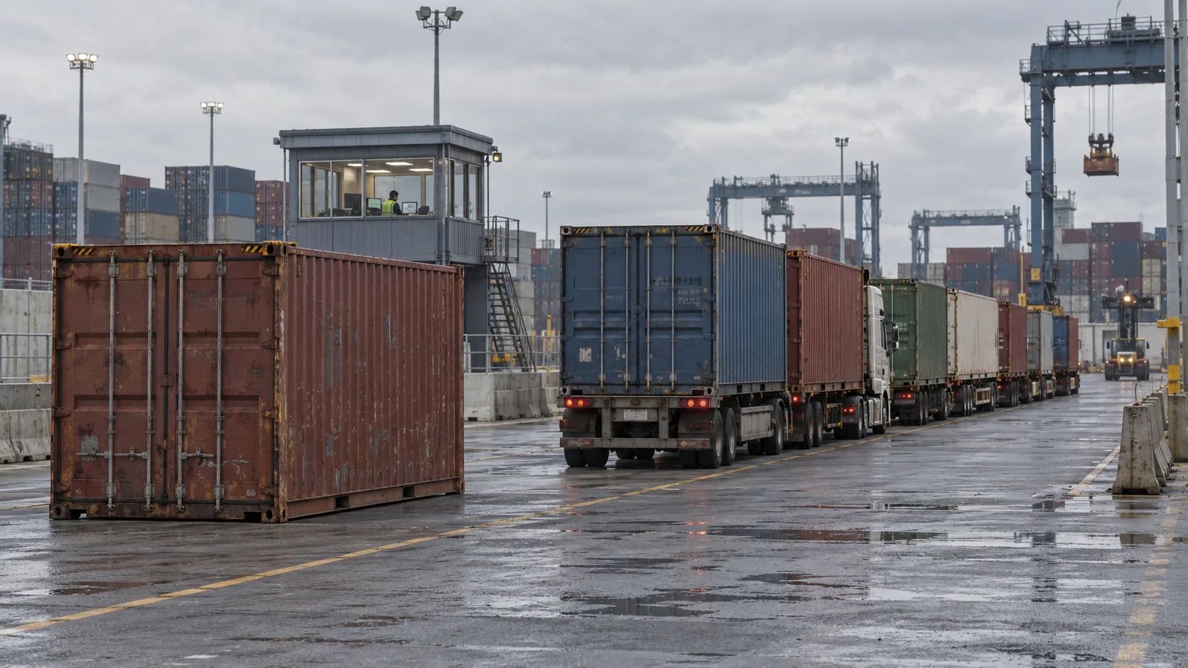 Container yard under an overcast sky
