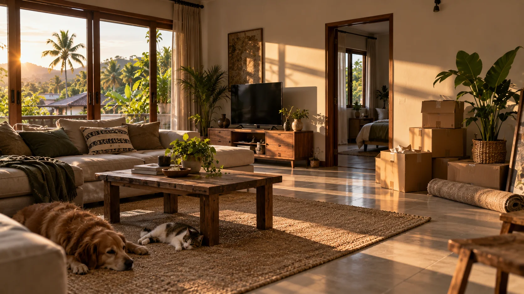 Living room of a Thai home during the settling-in period after delivery