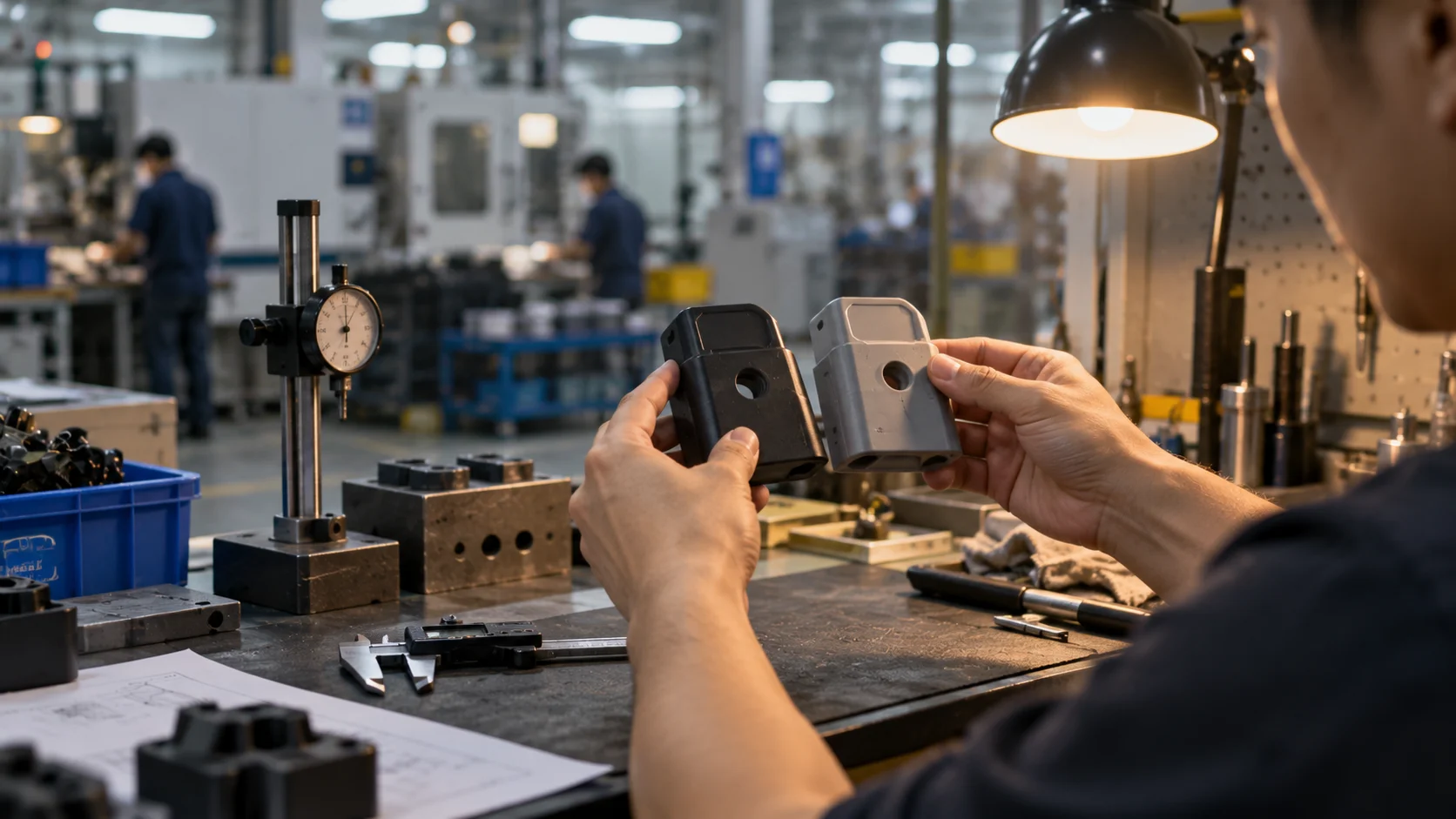 Close midground shot of a product sample being held up against a reference unit on a factory workbench